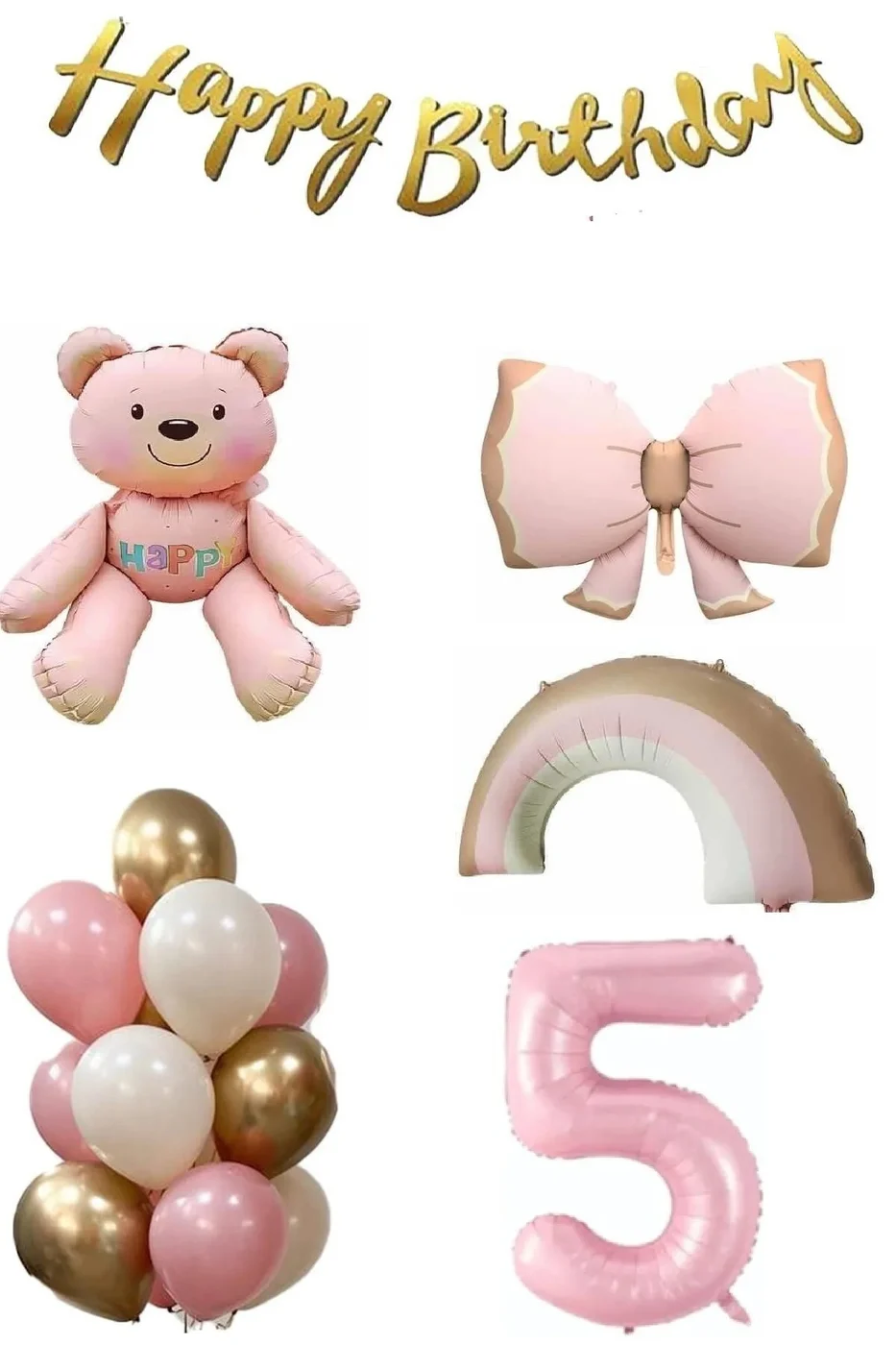 Pembe Ayıcık Yaş Balonlu Gökkuşağı Temalı Kız Bebek Konsept Doğum Günü Parti Seti Süsü