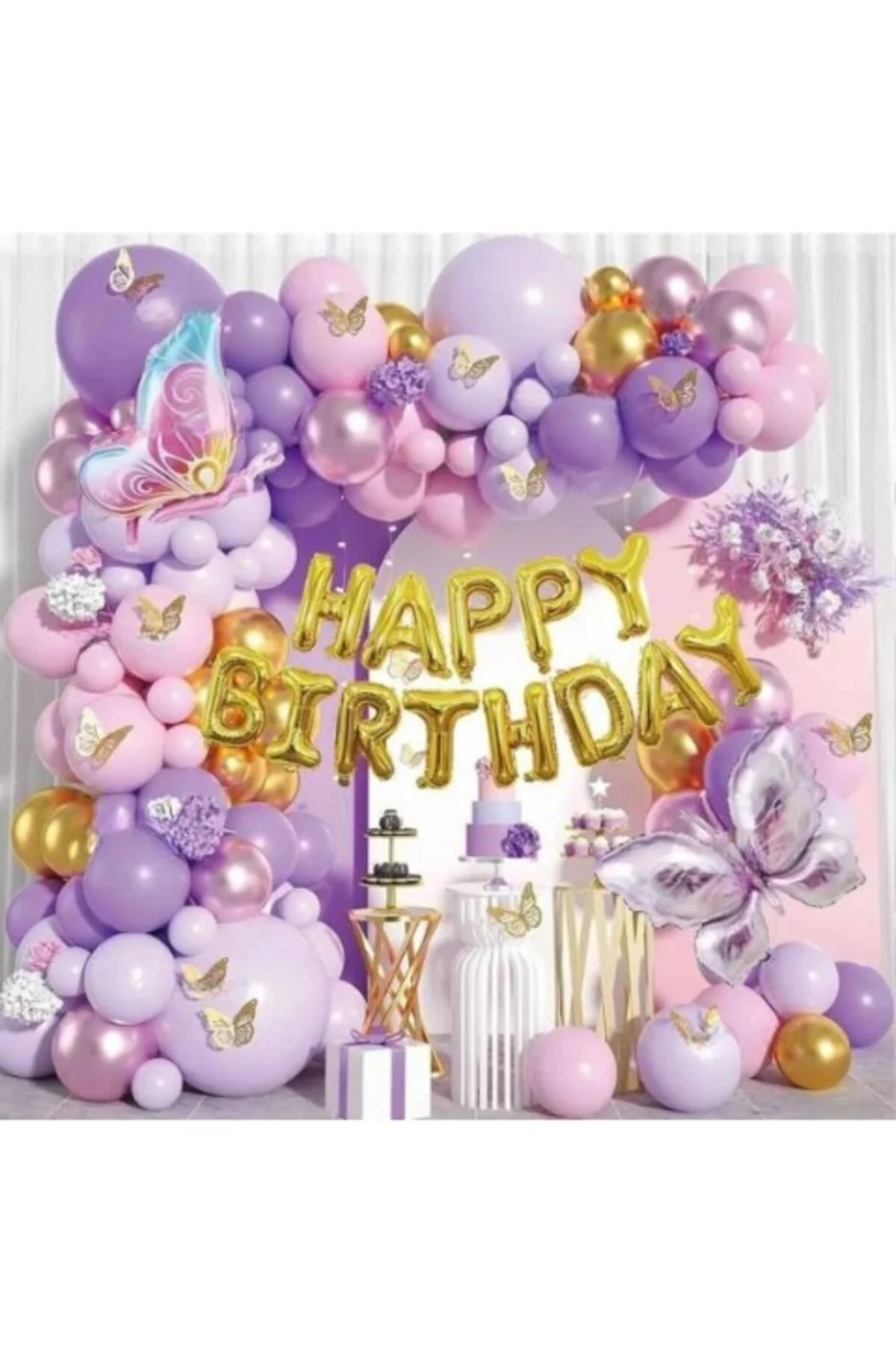 2 Lİ KELEBEK FOLYO BALONLU HAPPY BIRTHDAY BALON ZİNCİR DOĞUM GÜNÜ PARTİ SETİ SÜSÜ gorsel 2