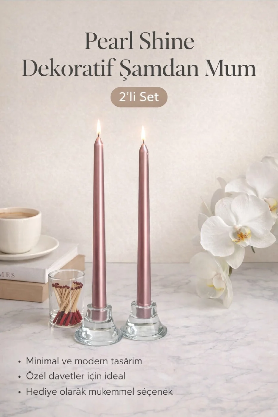 LUXE Şamdan Mum Seti 2’li Gold / Ivory / Silver Dekoratif Uzun Şamdan Mum