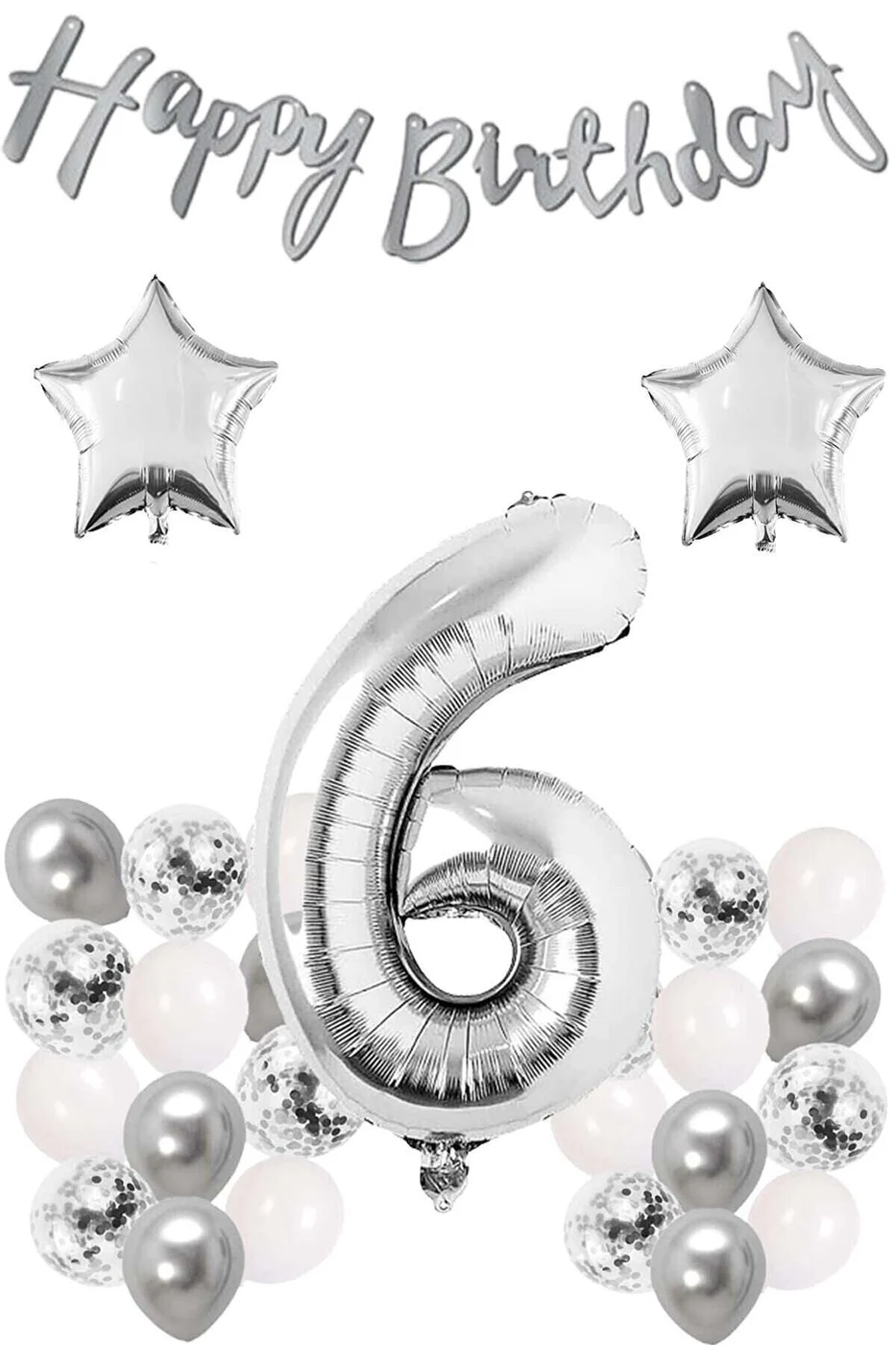 Gümüş Konsept Doğum Günü Kutlama Seti Beyaz Gümüş Konfetili Balon Rakam Yıldız Folyo Ve Banner