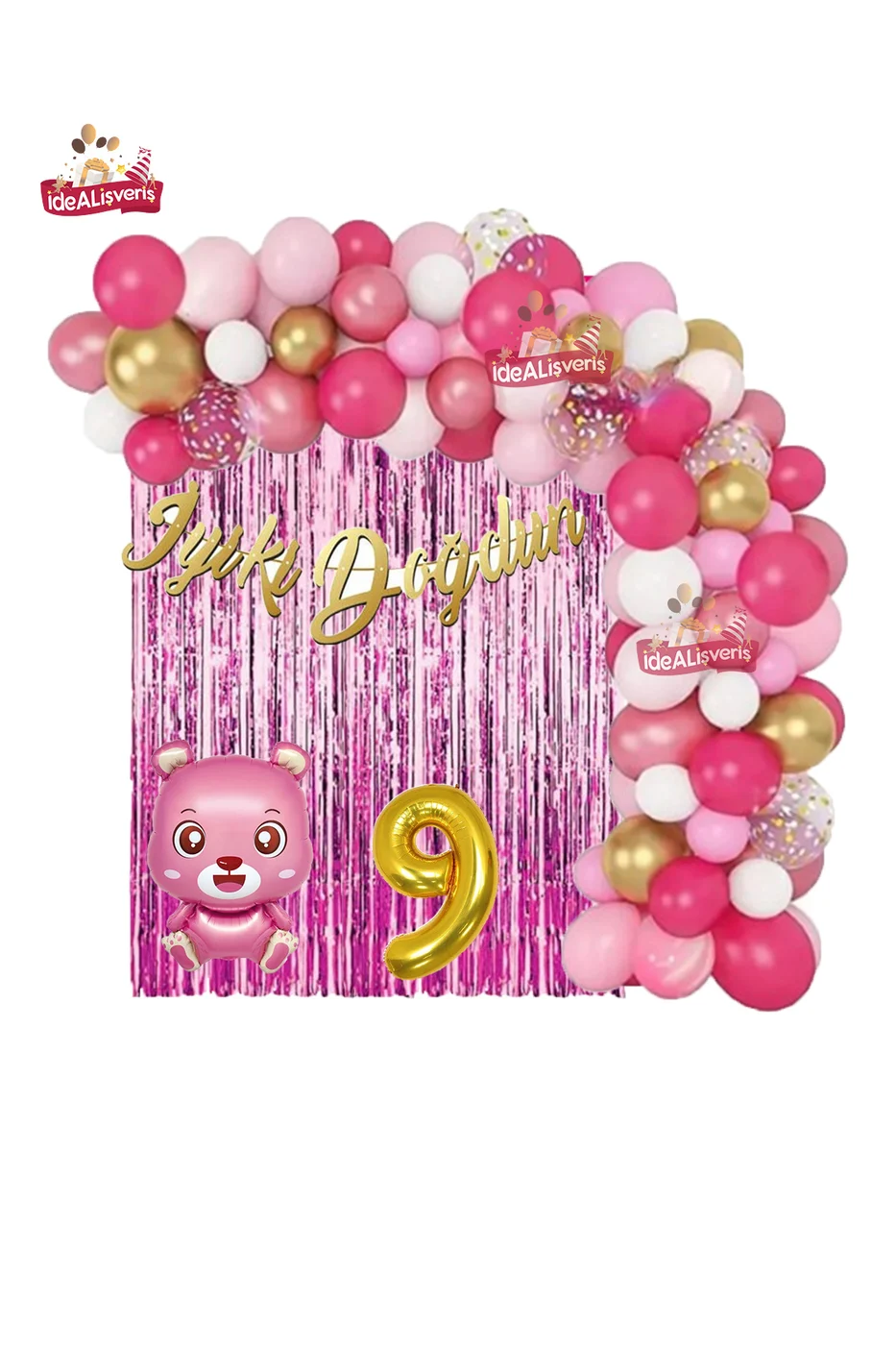 Pembe Ayıcık Gold 9 Yaş Folyo Balonlu İyi ki Doğdun Yazılı Pembe Gold Doğum Günü Parti Seti