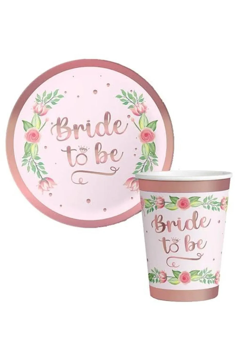 Bride To Be Rosegold Çiçekli Karton Tabak + Bardak Seti 8’li gorsel 3