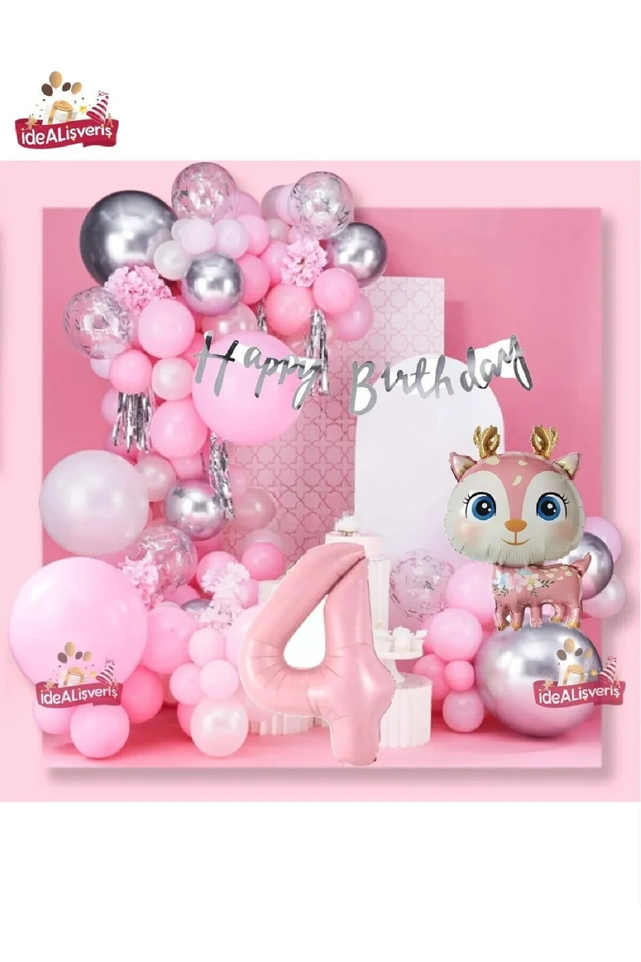 Kız Çocukları İçin Pembe Geyik Doğum Günü Süsü Seti 1-9 Yaş Pembe Balon Zinciri Happy Birthday Banner Parti Konsepti Seti