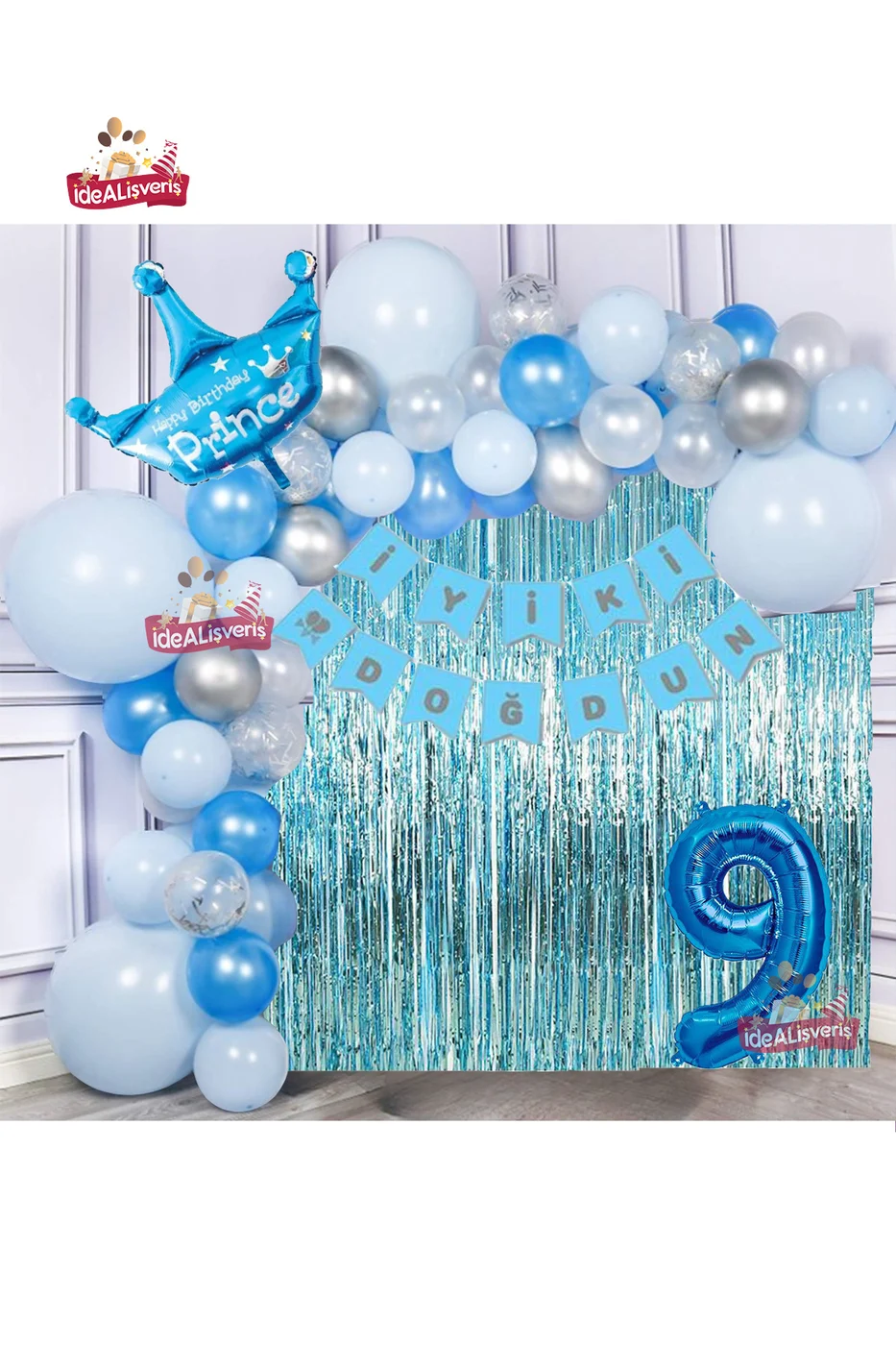 Mavi Gümüş Konseptli 9 Yaş Prens Taçlı Doğum Günü Balon Zincir Seti