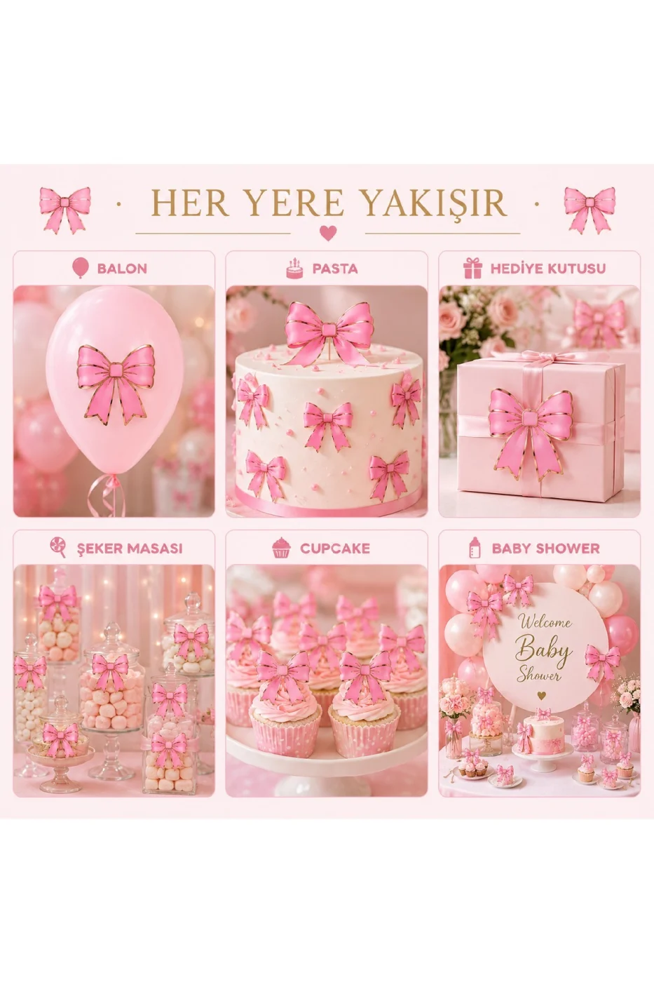 Renk Seçenekli Fiyonk Balon ve Pasta Dekor Fiyonk Seti 12 Adet Büyük & Küçük Boy Parti Süsü Baby Shower Doğum Günü Seti Süsü gorsel 8