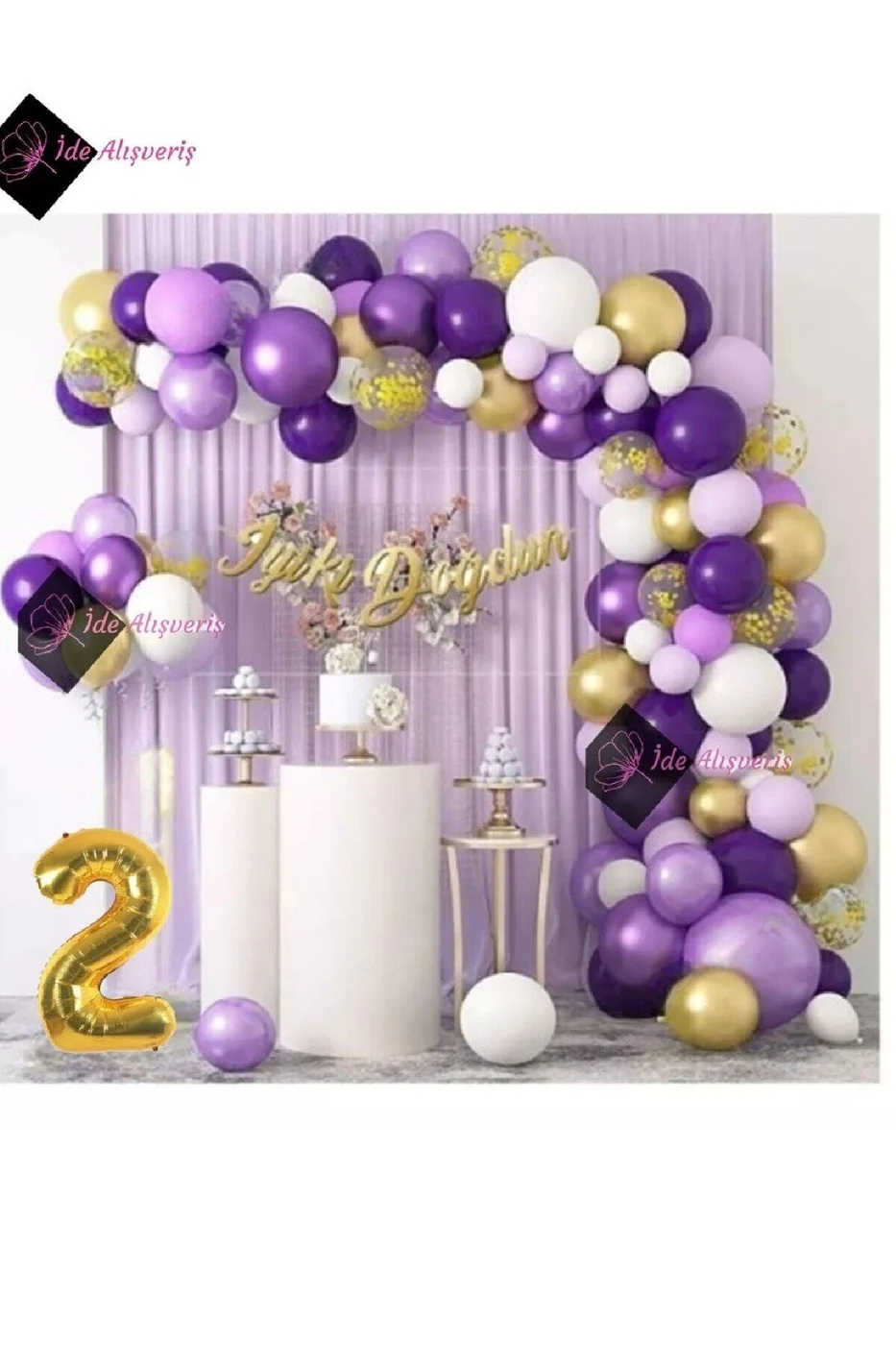 2 Yaş Macaron Mor Balon Zinciri Seti Gölge Mor Altın Balon Dekorasyon