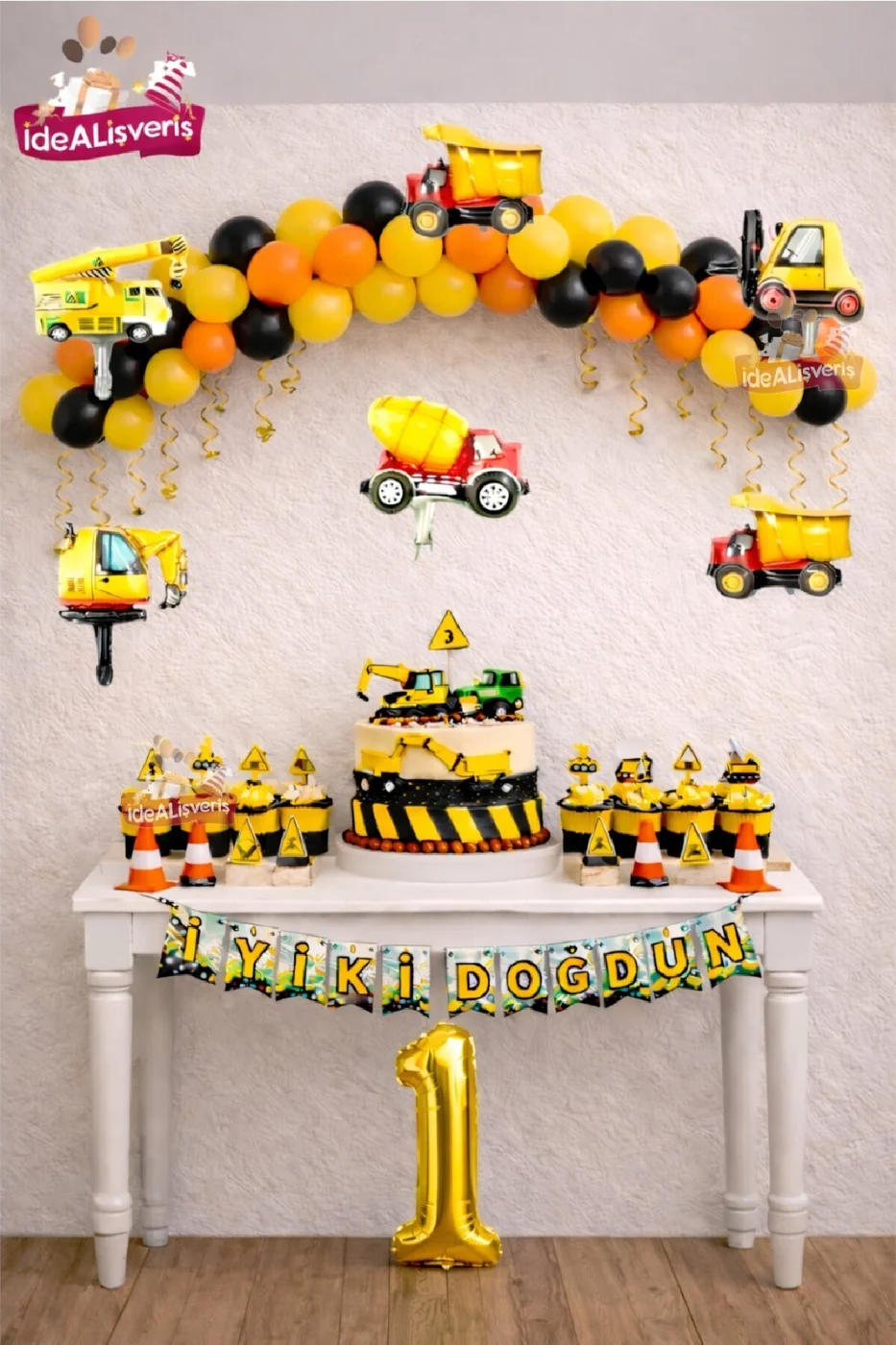 İnşaat Temalı Yaş Doğum Günü Süsleme Seti İş Makinesi Folyo Balon Balon Zinciri Parti Dekoru Süsü