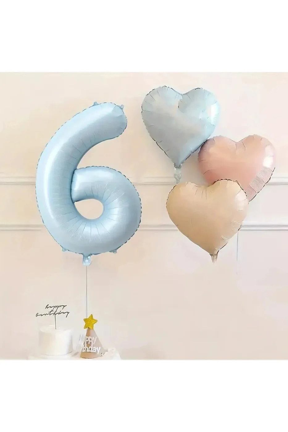 6 Yaş Mavi Rakam Folyo Balon Retro Mavi Pembe Satin Kalp Folyo Balon Doğum Günü Balon Seti gorsel 2