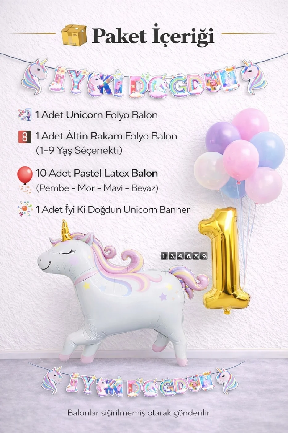 Unicorn Balonlu Karışık Balonlu Doğum Günü Seti Gold Rakamlı Parti Seti Süsü Dekorasyon Seti gorsel 2