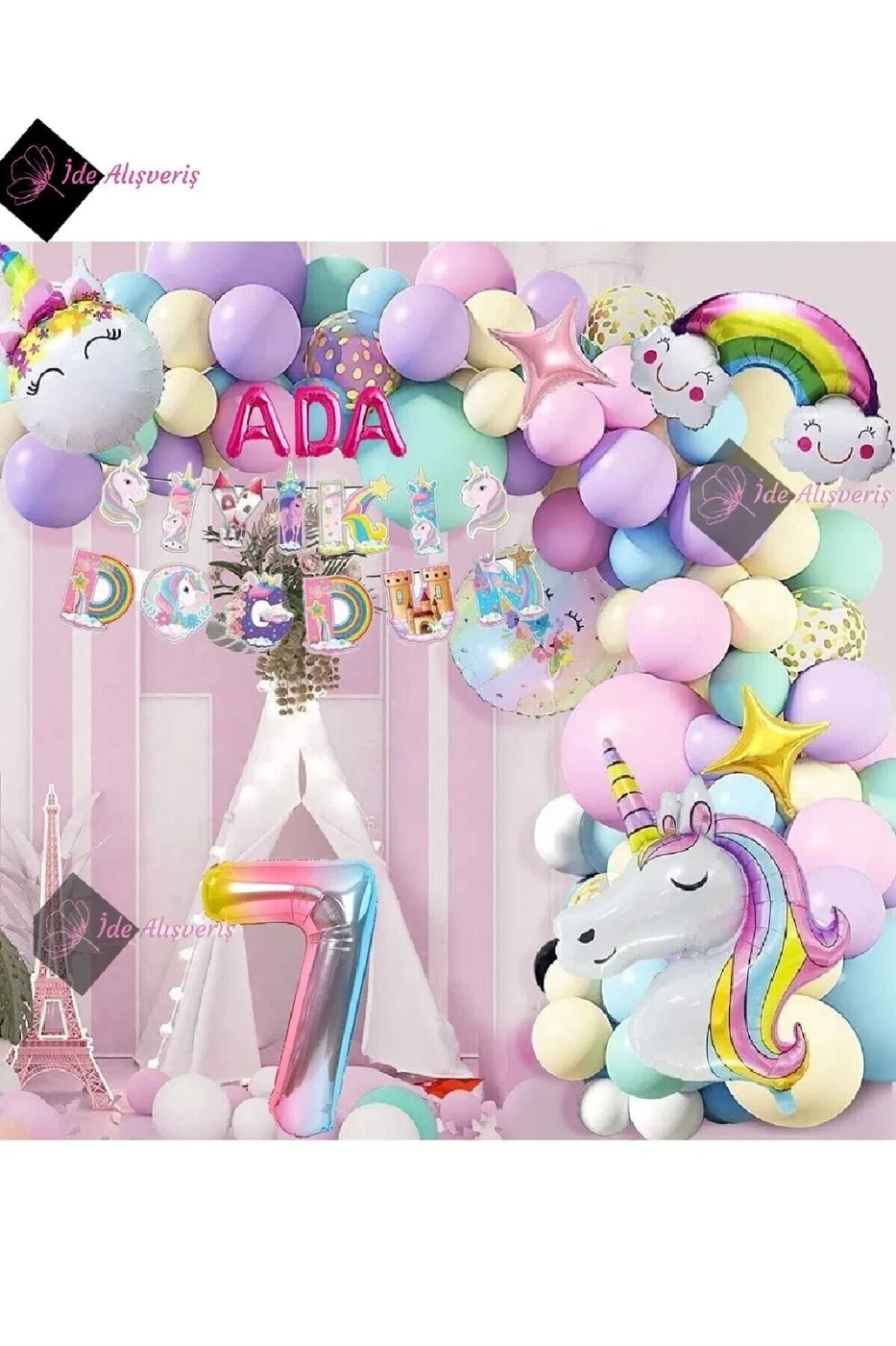 3 Harfli 7 Yaş Karakterli Unicorn Temalı Iyi Ki Doğdun Makaron Balon Doğum Günü Parti Kutlama Seti