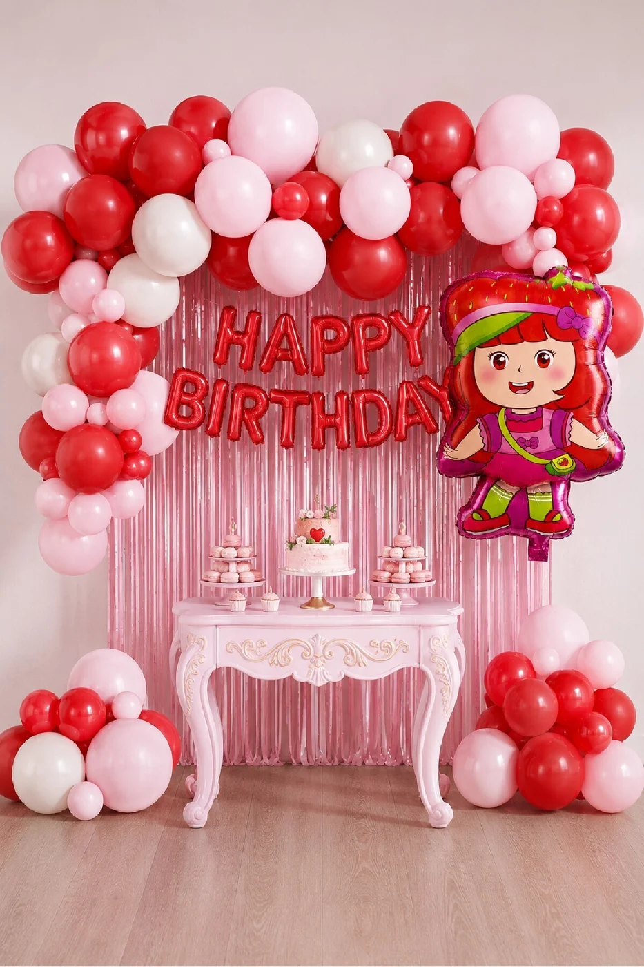 🍓 Çilek Kız Folyo Balon Happy Birthday Balon + Balon Zinciri + Arka Fon Parti Dekoru Doğum Günü Parti Seti Süsü gorsel 3