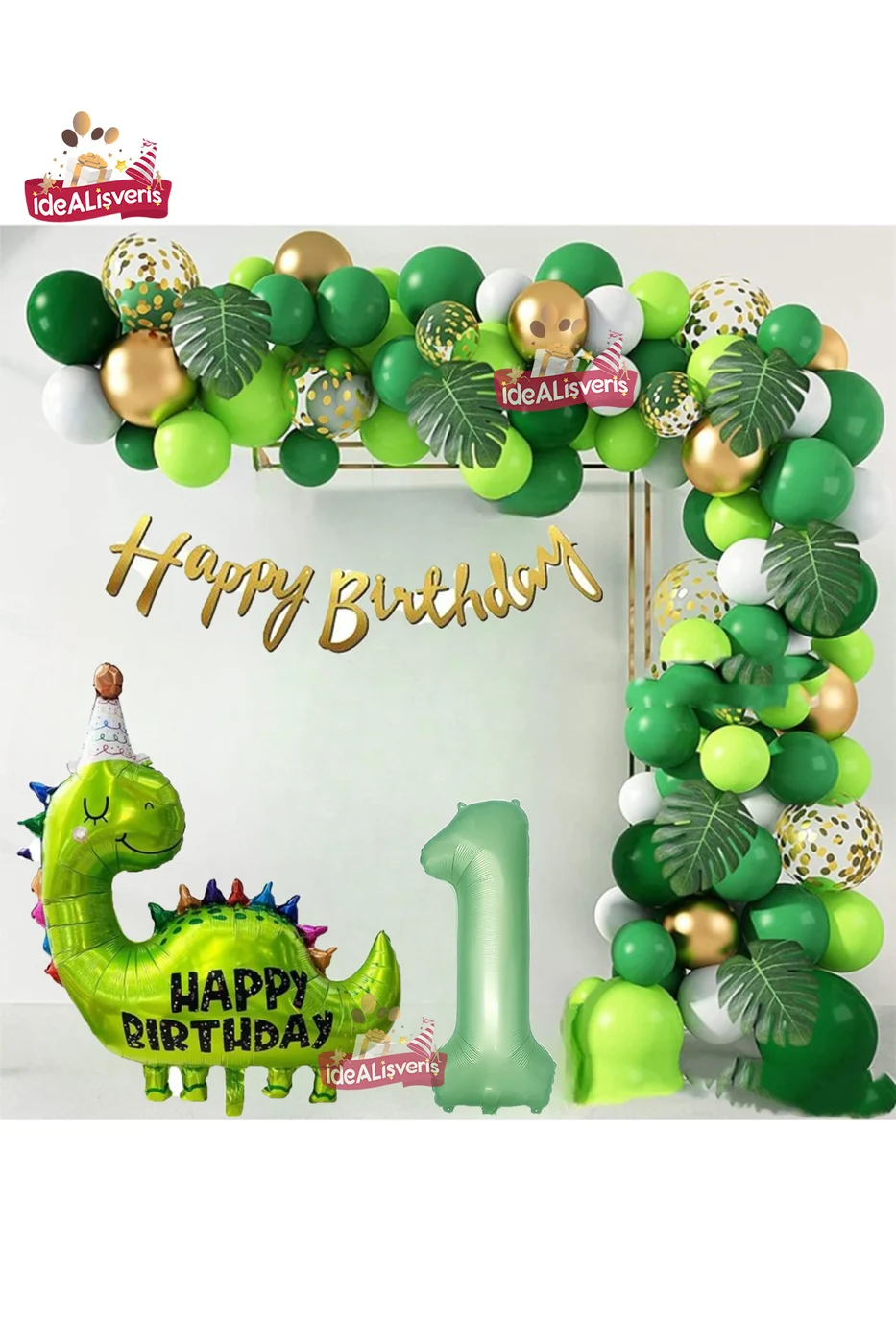 Happy Birthday Yazılı Dinozor 1 Yaş Folyo Balonlu Yeşil Gold Beyaz Doğum Günü Parti Seti