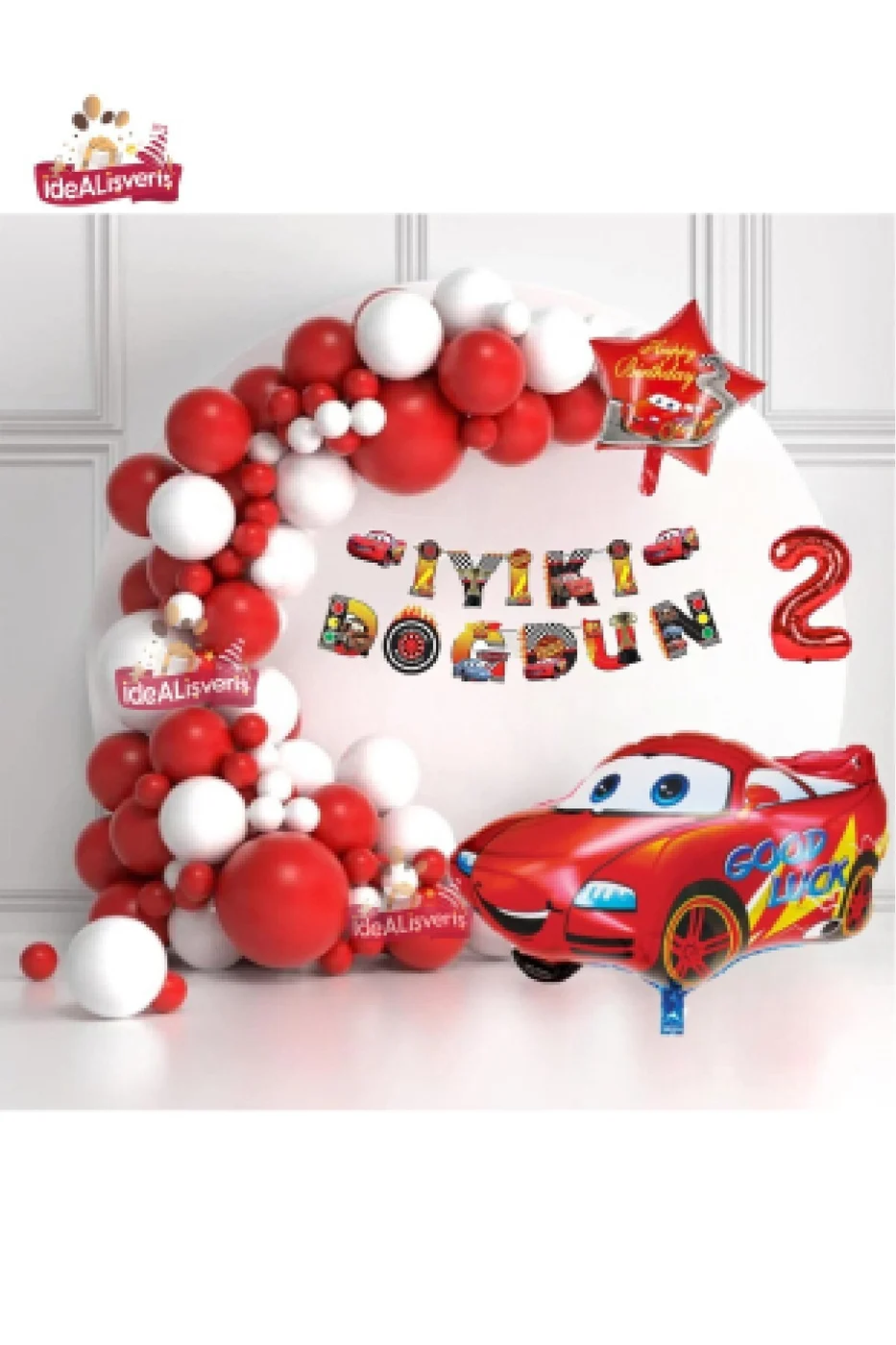 Araba Bannerli Kırmızı Araba Yıldız Folyo Balonlu Beyaz Kırmızı Konsept Doğum Günü Parti Seti Süsü