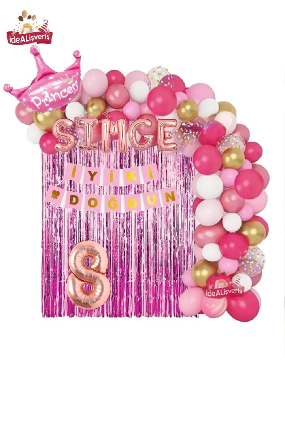 5 Harfli Rose İsimli Pembe Beyaz Konseptli Kraliçe Taçlı Doğum Günü Balon Zincir Parti Seti Süsü