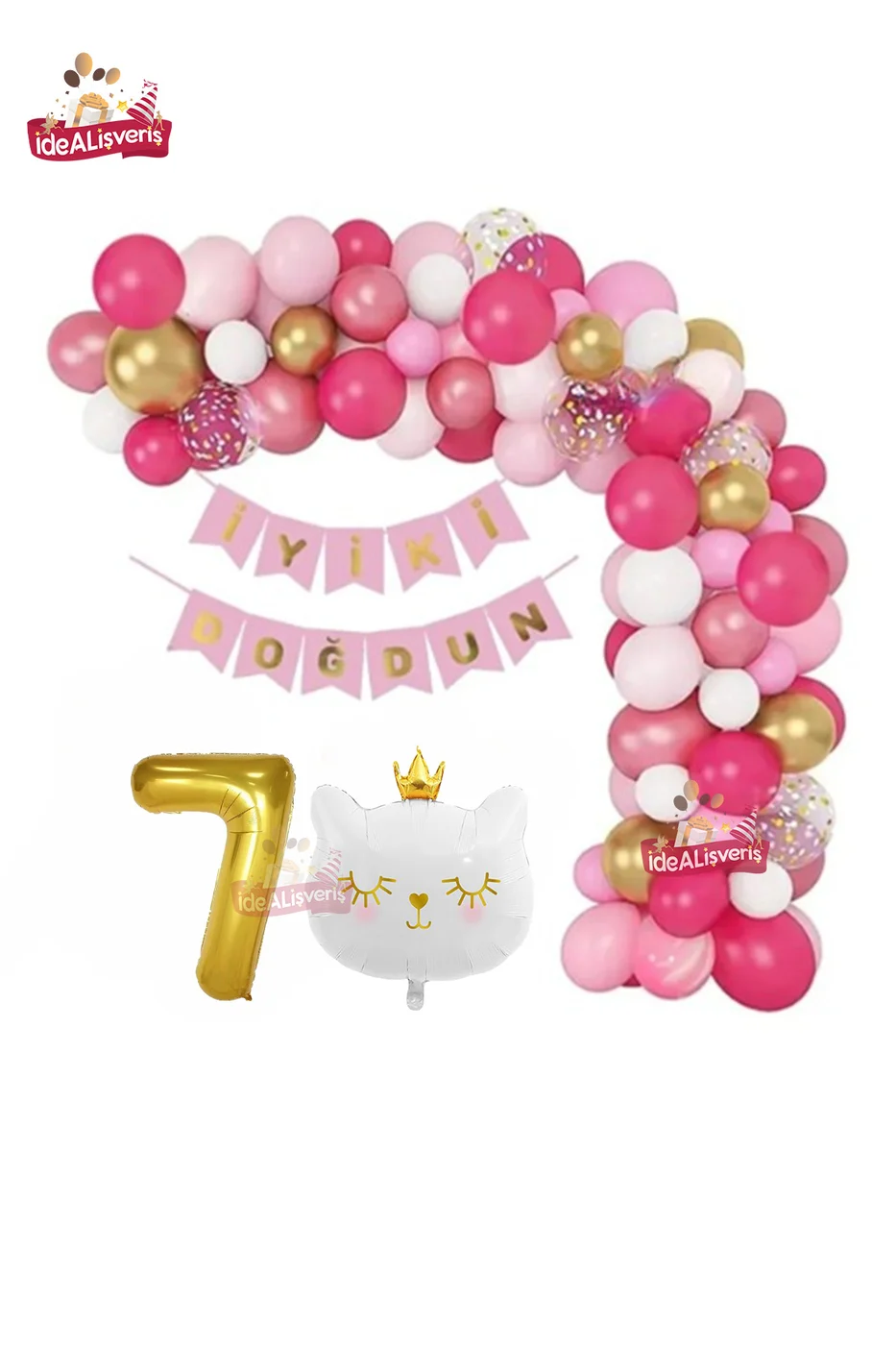 Bannerli Beyaz Kedi 7 Yaş Gold Folyo Balonlu Pembe Gold Beyaz Doğum Günü Parti Seti
