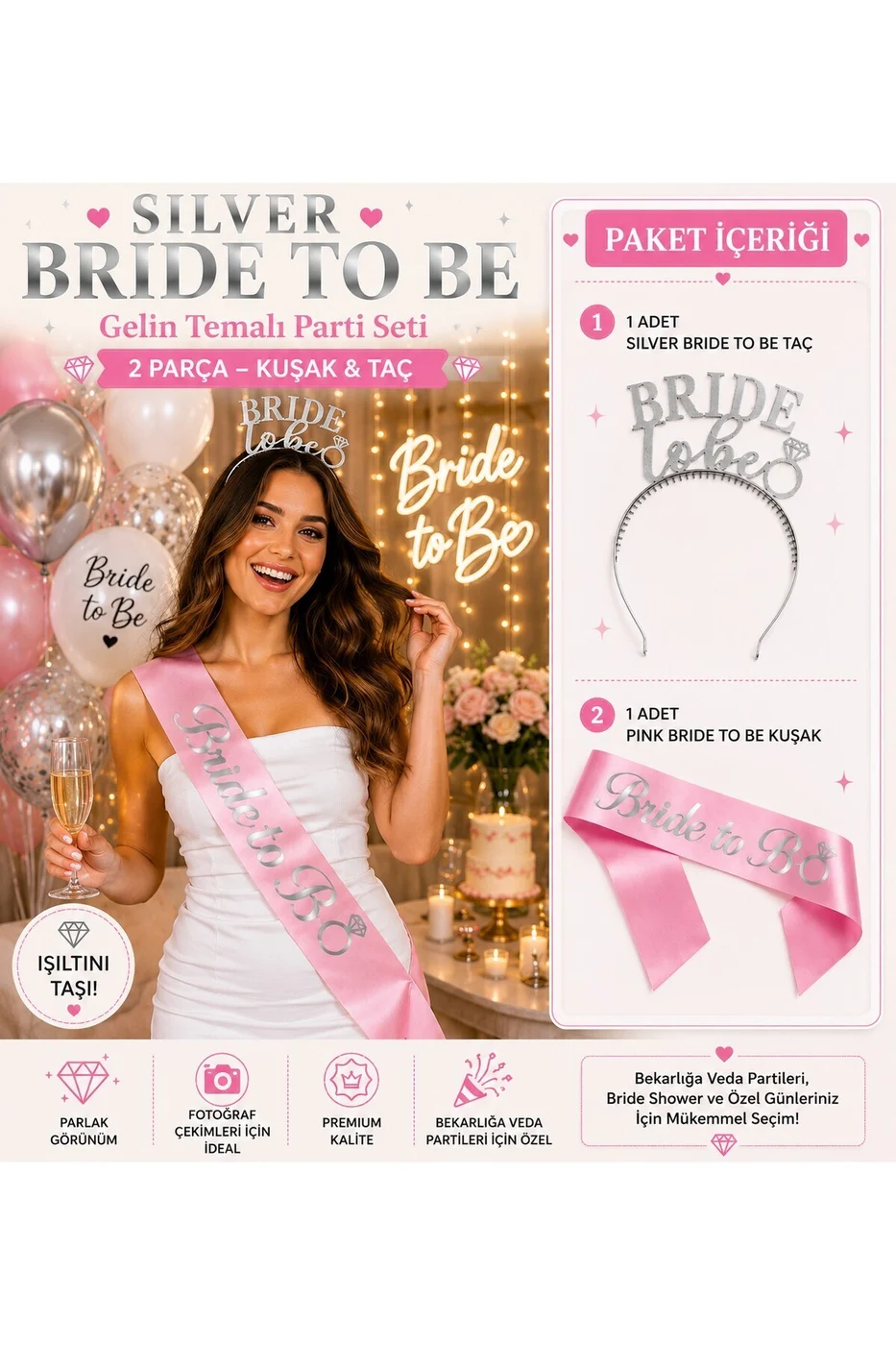 Bride To Be Taç ve Pembe Kuşak Seti - Bekarlığa Veda Gelin Aksesuarı - Bridal Shower Parti Seti gorsel 6
