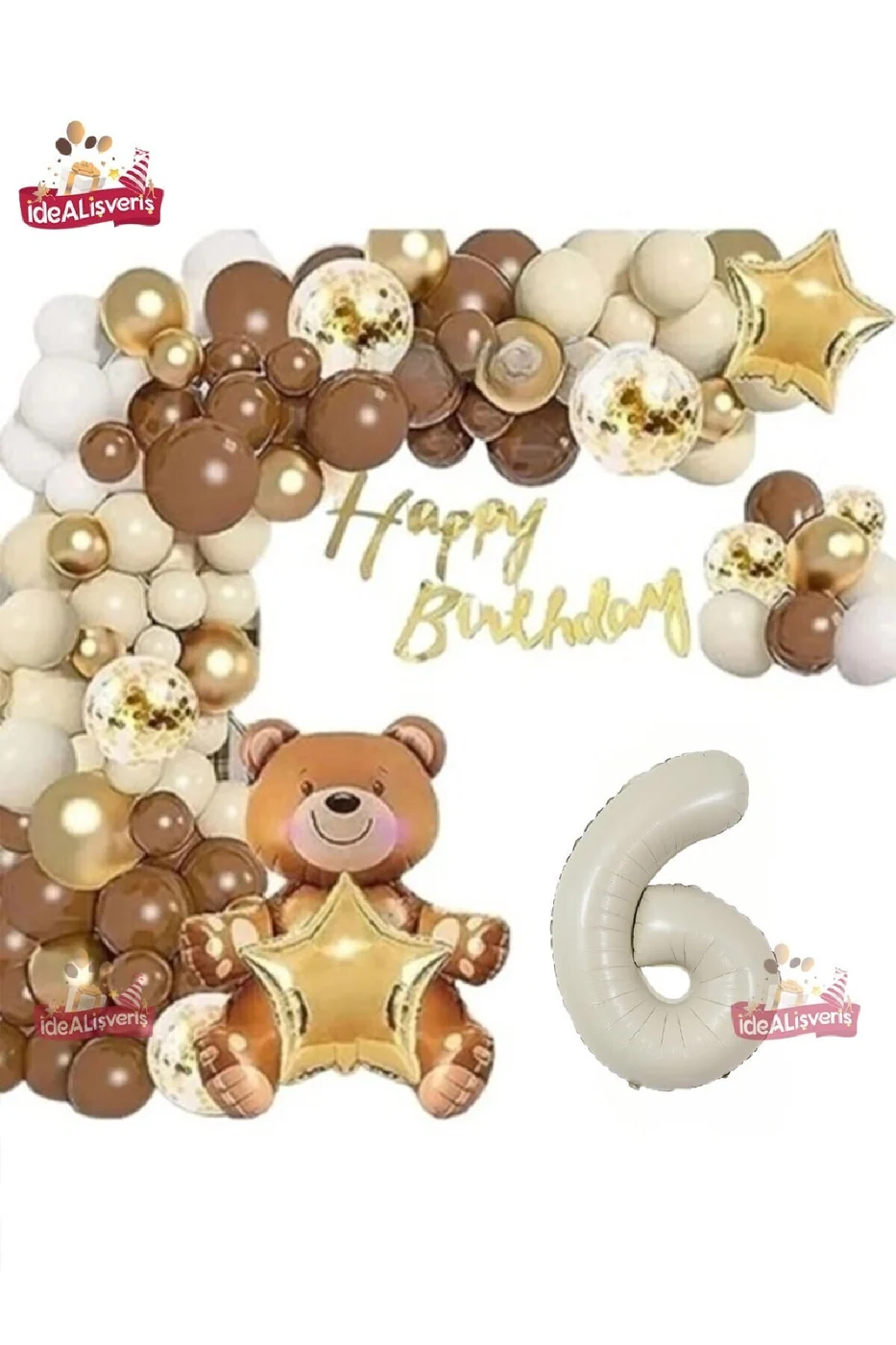 LÜKS KAHVERENGİ OTURAN AYI KREM 6 YAŞ BALON SETİ DOĞUM GÜNÜ SÜSÜ PARTİ SETİ gorsel 2