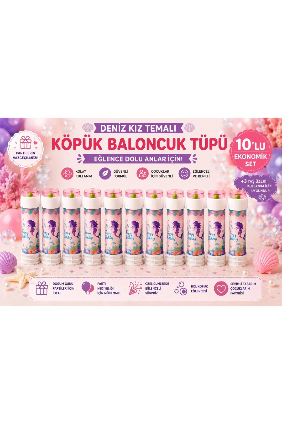 Deniz Kızı Temalı Köpük Baloncuk Tüpü 3'lü / 5'li / 10'lu Set Doğum Günü Parti Hediyeliği Bubble Oyuncağı Çocuk Baloncuk Oyuncağı
