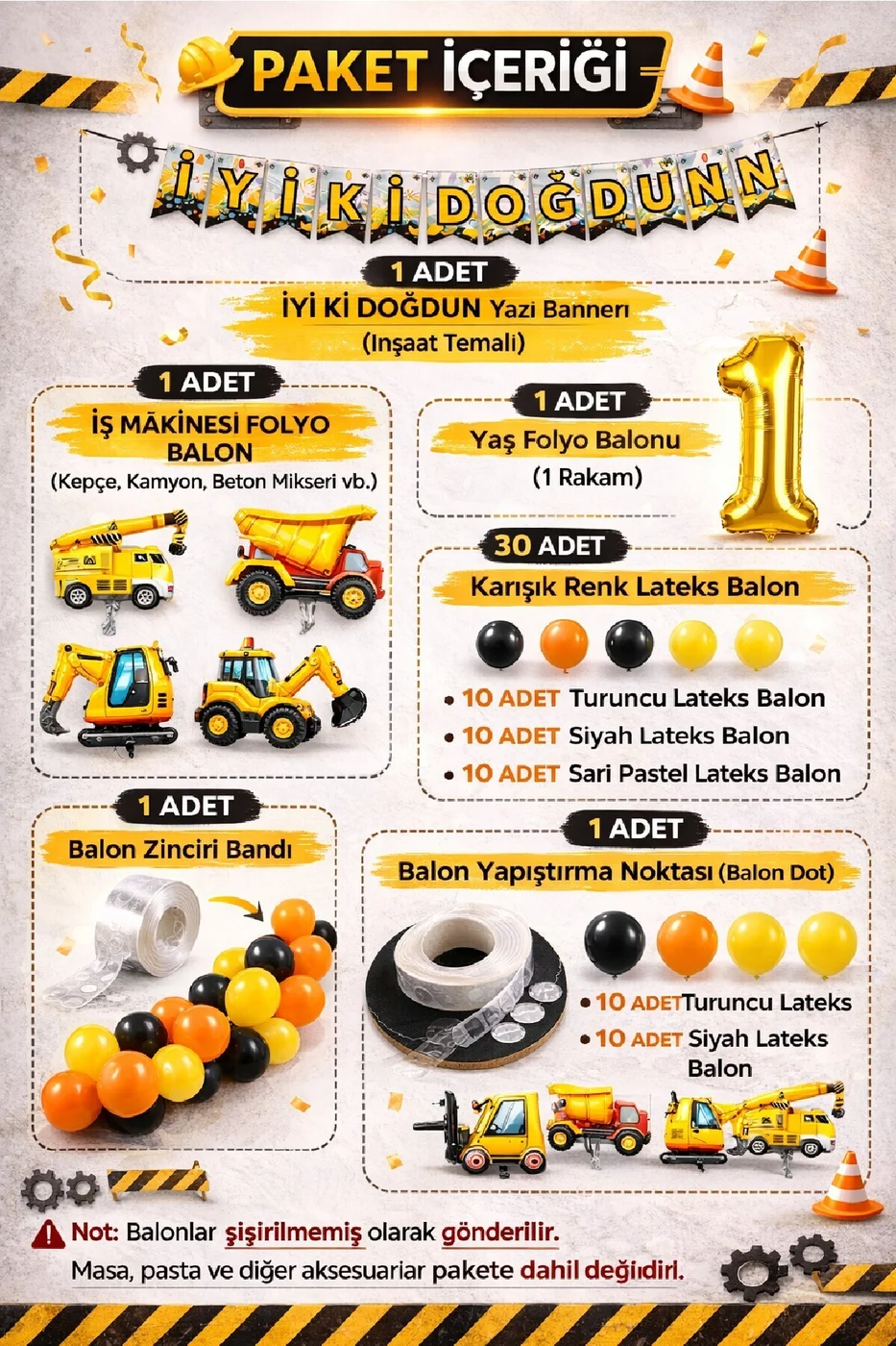 İnşaat Temalı Yaş Doğum Günü Süsleme Seti İş Makinesi Folyo Balon Balon Zinciri Parti Dekoru Süsü gorsel 2