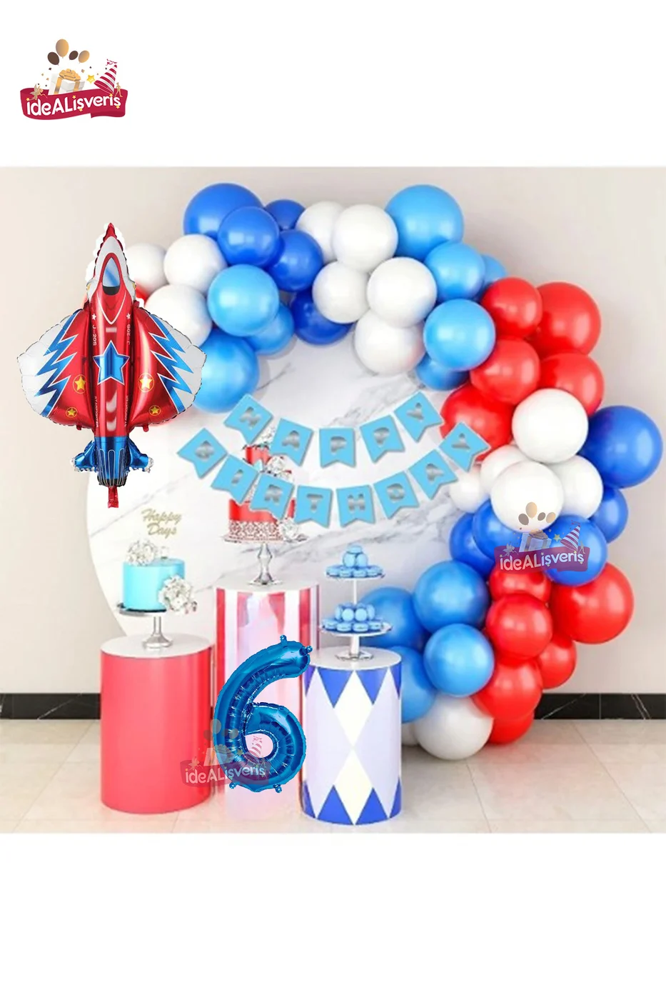Jet Uçak Mavi 6 Yaş Folyolu Kırmızı Beyaz Mavi Balon Zincir Doğum Günü Seti