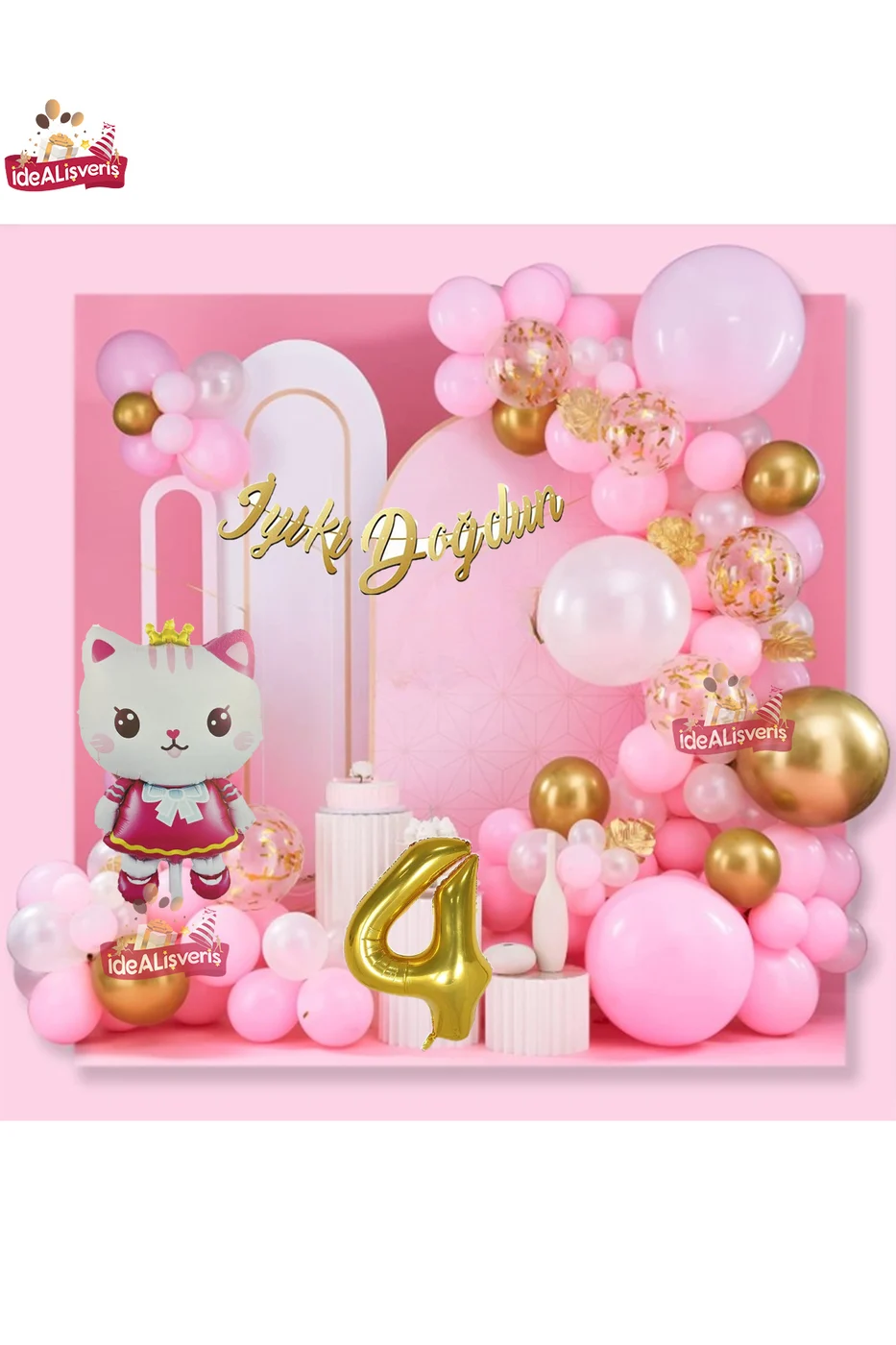 Taçlı Kedi 4 Yaş Folyo Balonlu Gold Pembe Konsept Doğum Günü Parti Seti