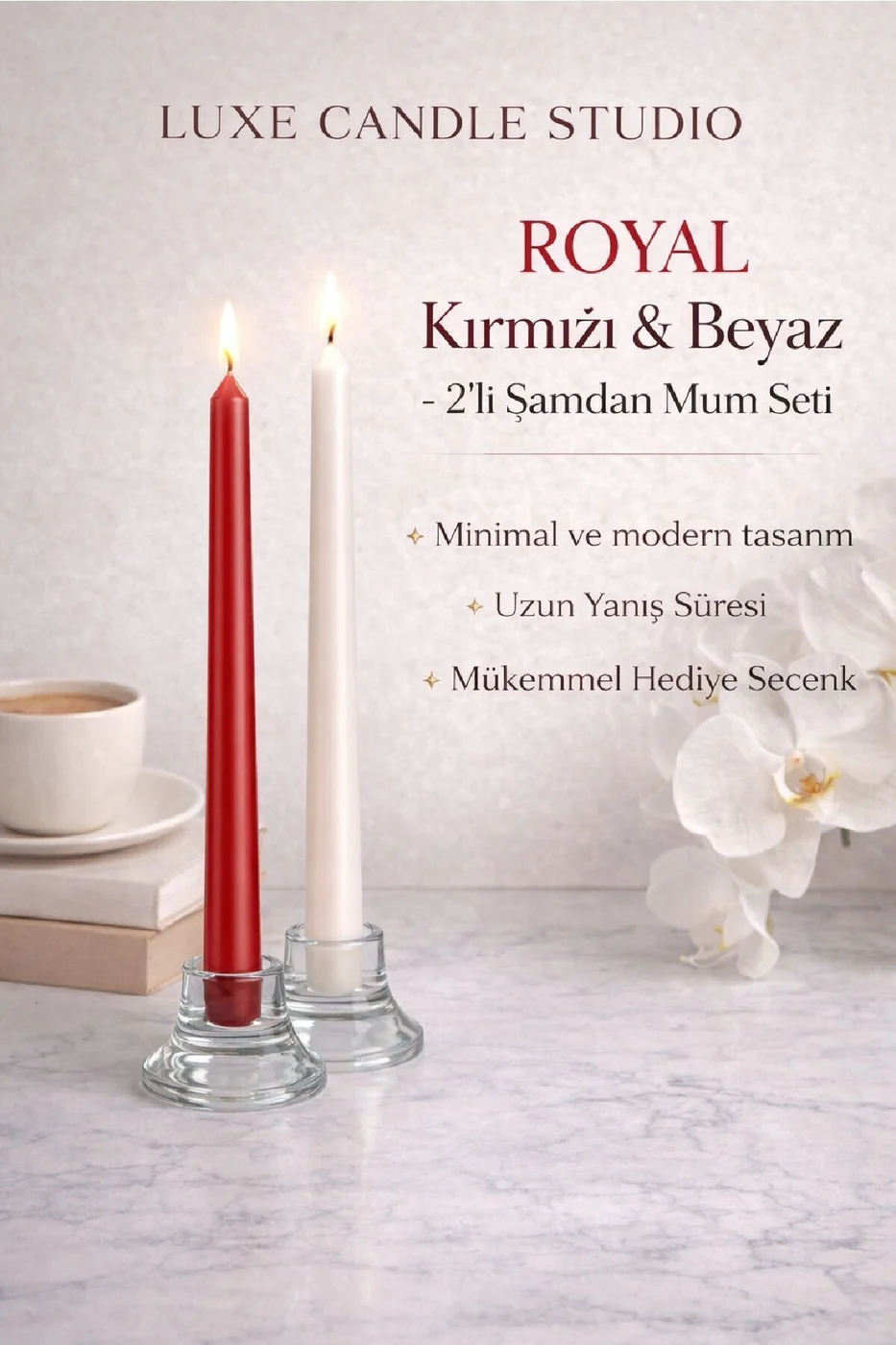LUXE Şamdan Mum Seti 2’li Gold / Ivory / Silver Dekoratif Uzun Şamdan Mum