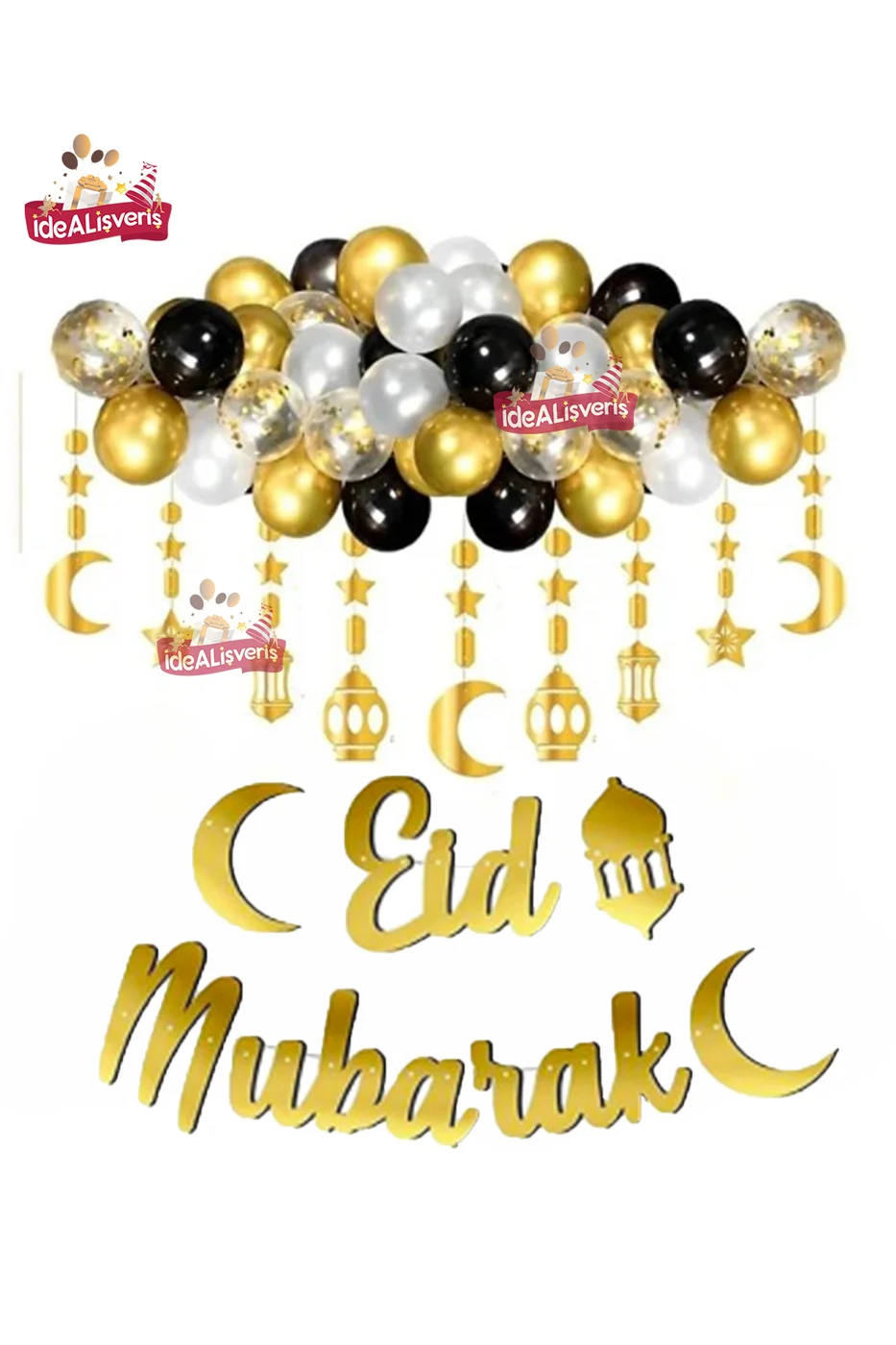 Eid Mubarek Yazılı Sarkıt Süslü Siyah Gold Ramazan Seti