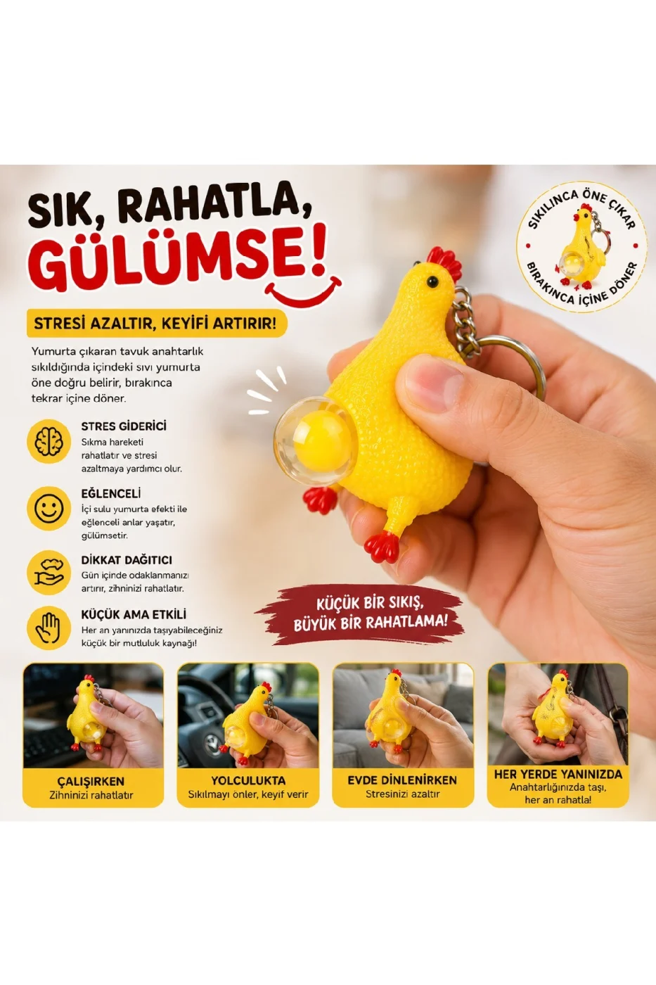 Yumurtlayan Tavuk Anahtarlık Sıkmalı Stres Oyuncağı Squishy Komik Hediyelik Oyuncak gorsel 6