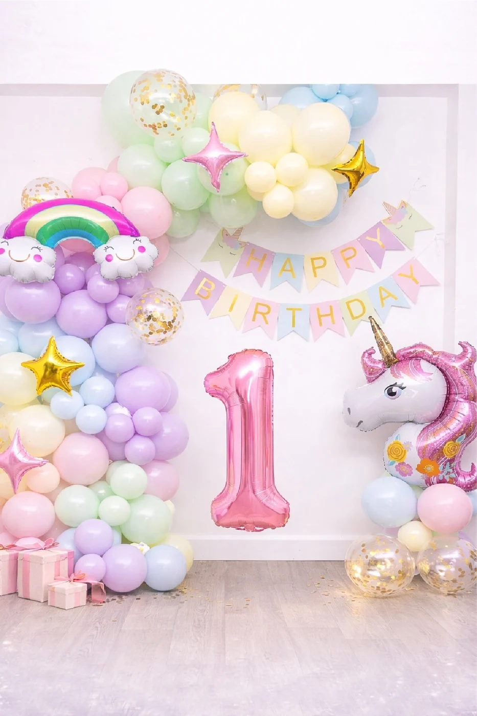 Yaş Balonlu Unicorn Temalı Pastel Doğum Günü Süsleme Seti Balon Zincirli Deluxe Parti Seti Konsepti