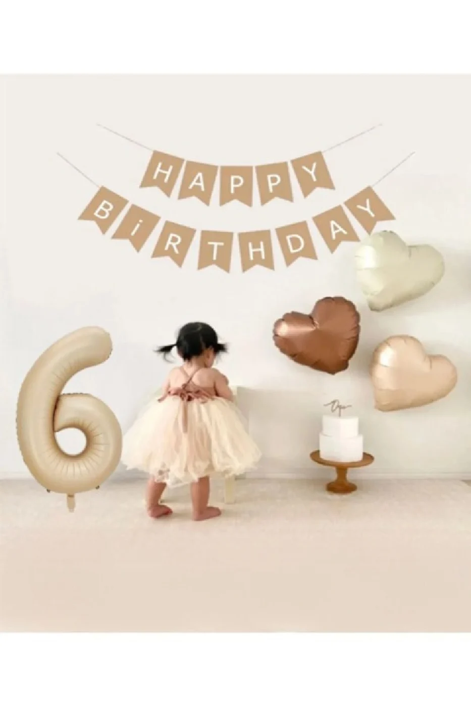 Bej Rakam Folyo Balon Retro Kalp Folyo Balon Seti Kraft Gold Altın Happy Birthday Yazı Banner gorsel 3