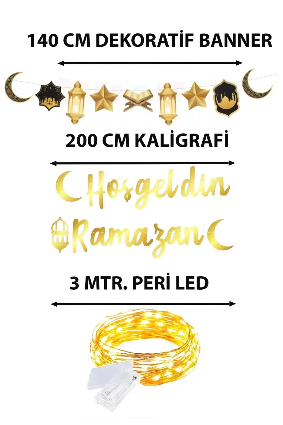 3 parça Ledli Hoşgeldin Ramazan Banner, Dekoratif Uzar Süs Ay Yıldız Kuran Mahya Cami Temalı Set gorsel 3
