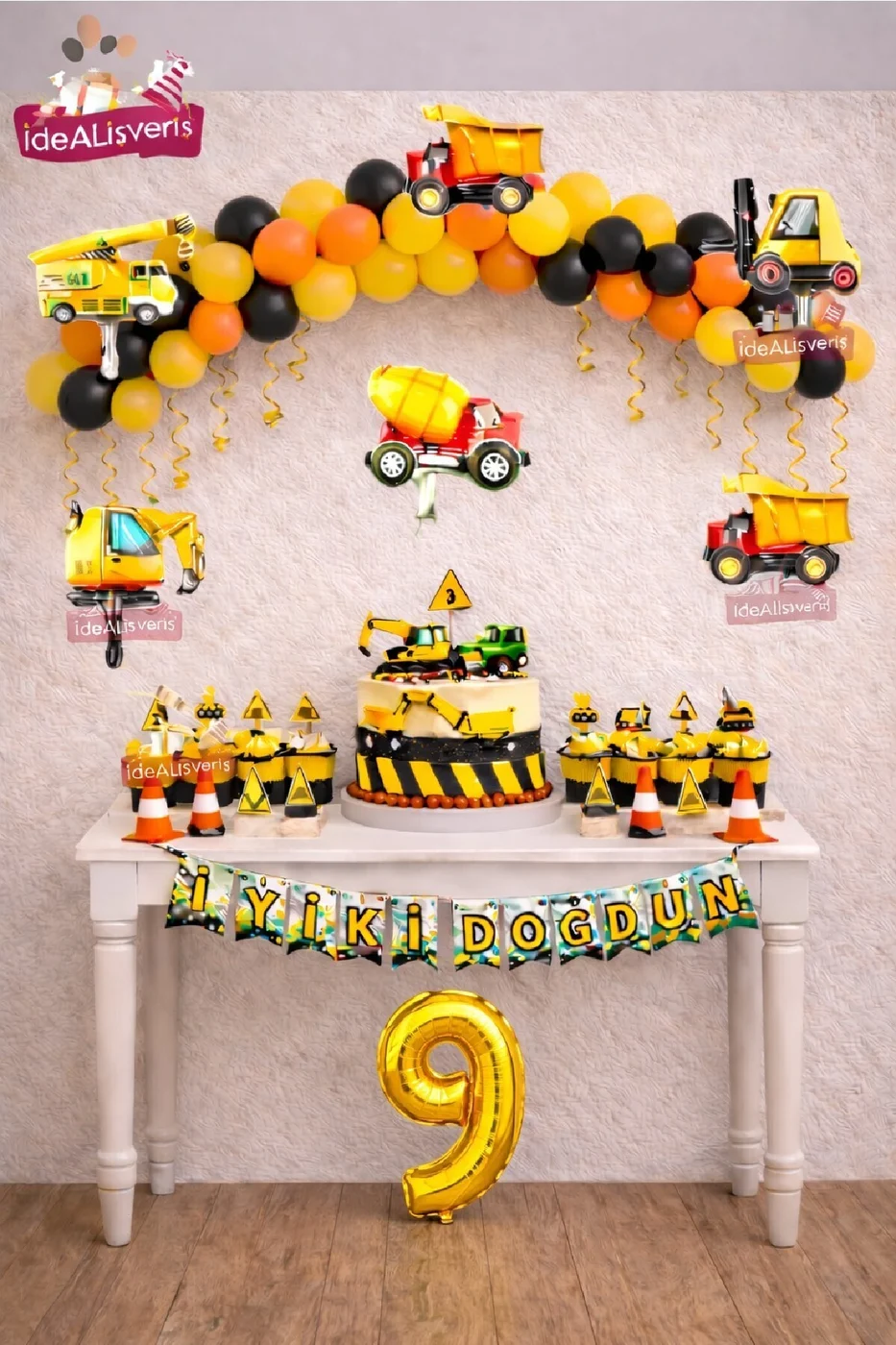 İnşaat Temalı Yaş Doğum Günü Süsleme Seti İş Makinesi Folyo Balon Balon Zinciri Parti Dekoru Süsü
