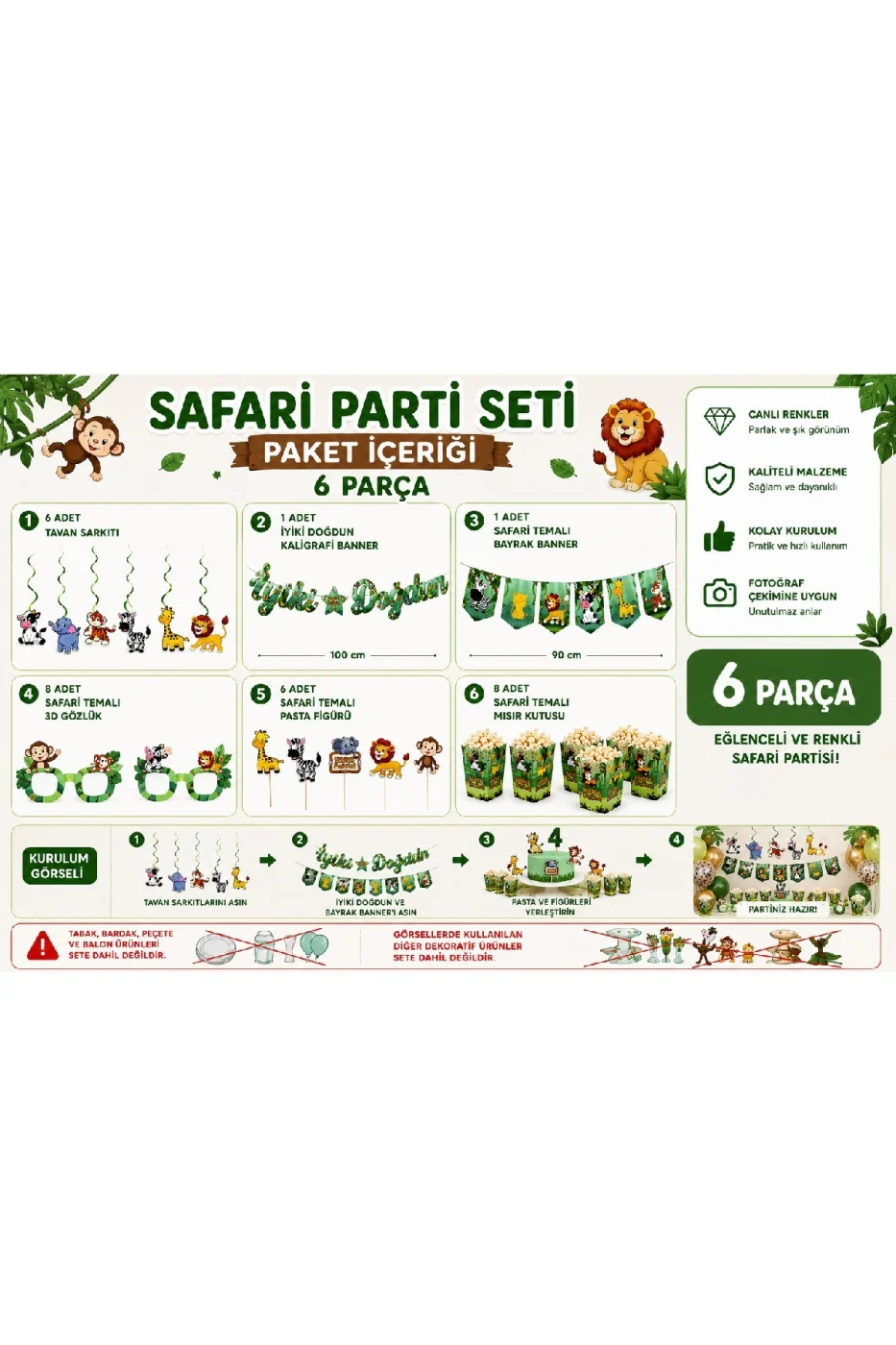 Safari Parti Seti 6 Parça İyi ki Doğdun Doğum Günü Süsleri Jungle Konsept gorsel 3