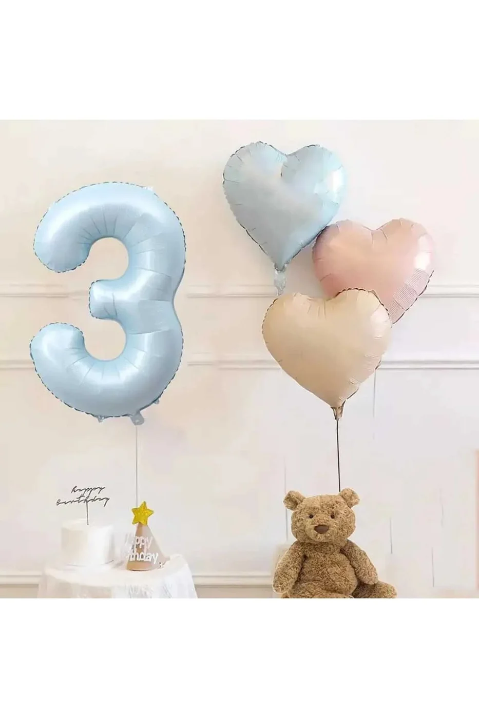 3 Yaş Mavi Rakam Folyo Balon Retro Mavi Pembe Satin Kalp Folyo Balon Doğum Günü Balon Seti gorsel 2