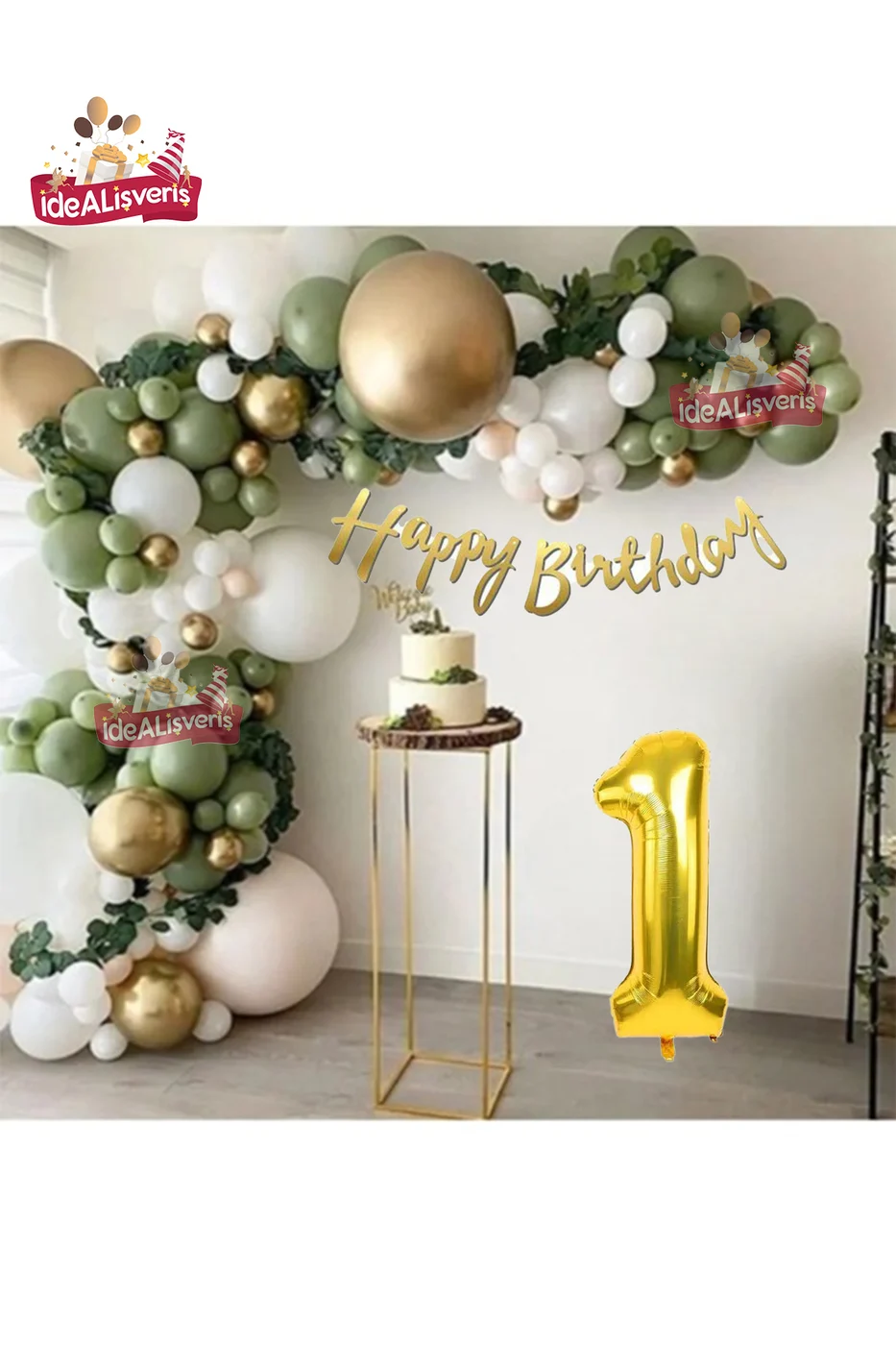 1 Yaş Happy Kaligrafi Yazılı Küf Yeşili Gold Beyaz Balon Zinciri Seti Doğum Günü Parti Seti Süsü