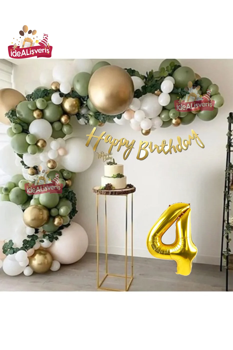 4 Yaş Happy Kaligrafi Yazılı Küf Yeşili Gold Beyaz Balon Zinciri Seti Doğum Günü Parti Seti Süsü gorsel 3