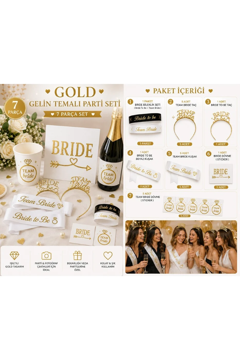 Bride Team Bride 7 Parça Bekarlığa Veda Parti Seti | Bride To Be Taç ve Kuşak, Team Bride Taç, Kuşak, Bileklik ve Dövme Organizasyon Seti gorsel 3
