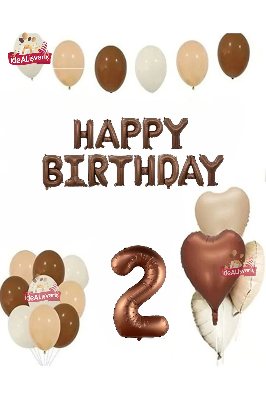 2 Yaş Happy Birthday Kahverengi Folyo Balon Bej Kahverengi Beyaz Doğum Günü Parti Seti