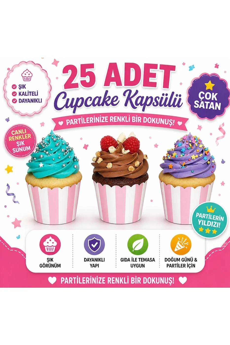 Temalı Desenli Cupcake Kapsülü 25’li – Şık Parti Muffin Kağıdı