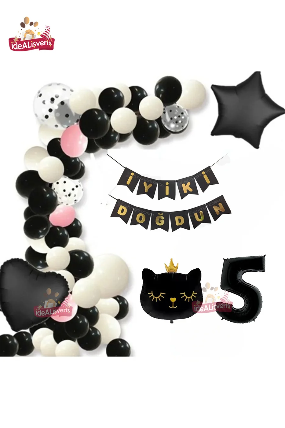 Bannerli 5 Yaş Siyah Kedi Folyolu Kalp Yıldız Siyah Beyaz Konsept Doğum Günü Seti