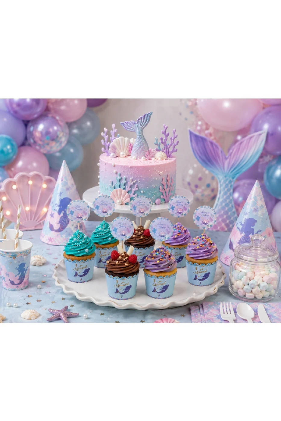 Deniz Kızı Mermaid Cupcake Süsleme Seti 8 Cupcake Kalıbı + 8 Kürdan Süs Doğum Günü Parti Malzemeleri gorsel 3