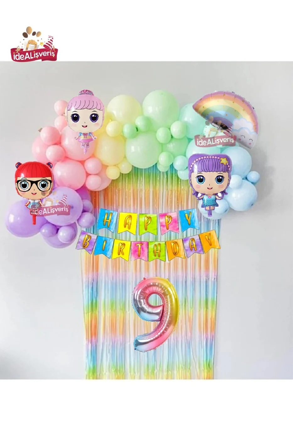 LÜKS 9 YAŞ GÖKKUŞAĞI BANNERLI ARKAFONLU BEBEK FOLYOLU BALONLU DOĞUM GÜNÜ PARTİ SETİ SÜSÜ gorsel 2