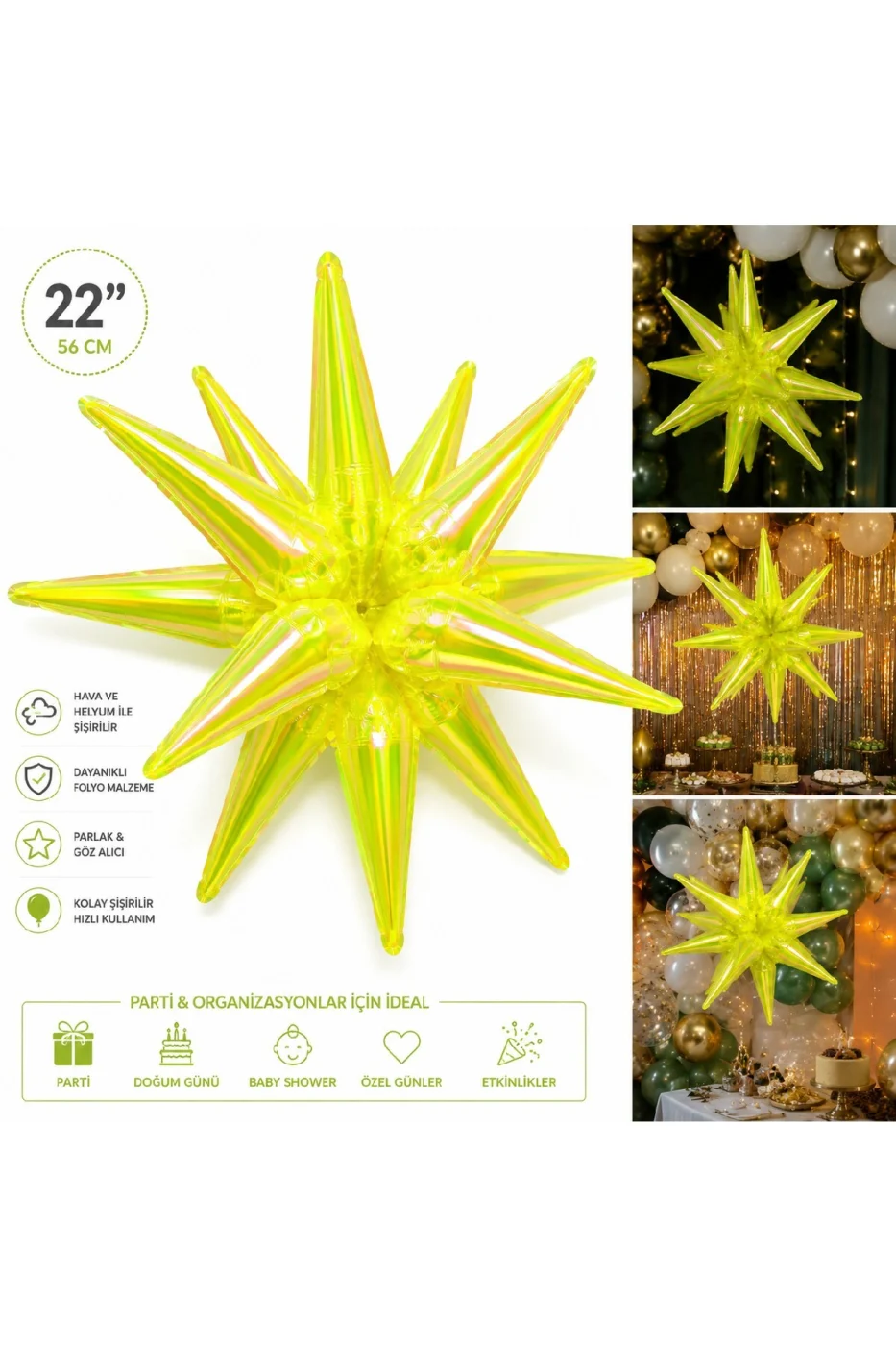 22 İnç Holografik 3D Kutup Yıldız Folyo Balon Neon (Renk) Parti Süsü Helyum Uyumlu 56 cm gorsel 3