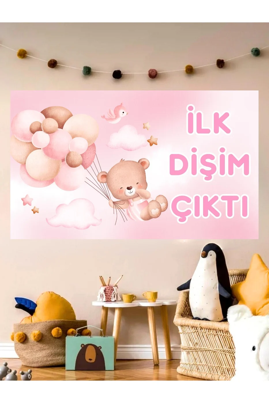Dişim Çıktı İlk Dişim Temalı Özel Kız Bebek Afişi Arka Fonu 60x100 Vinil Branda Pankart Süsü