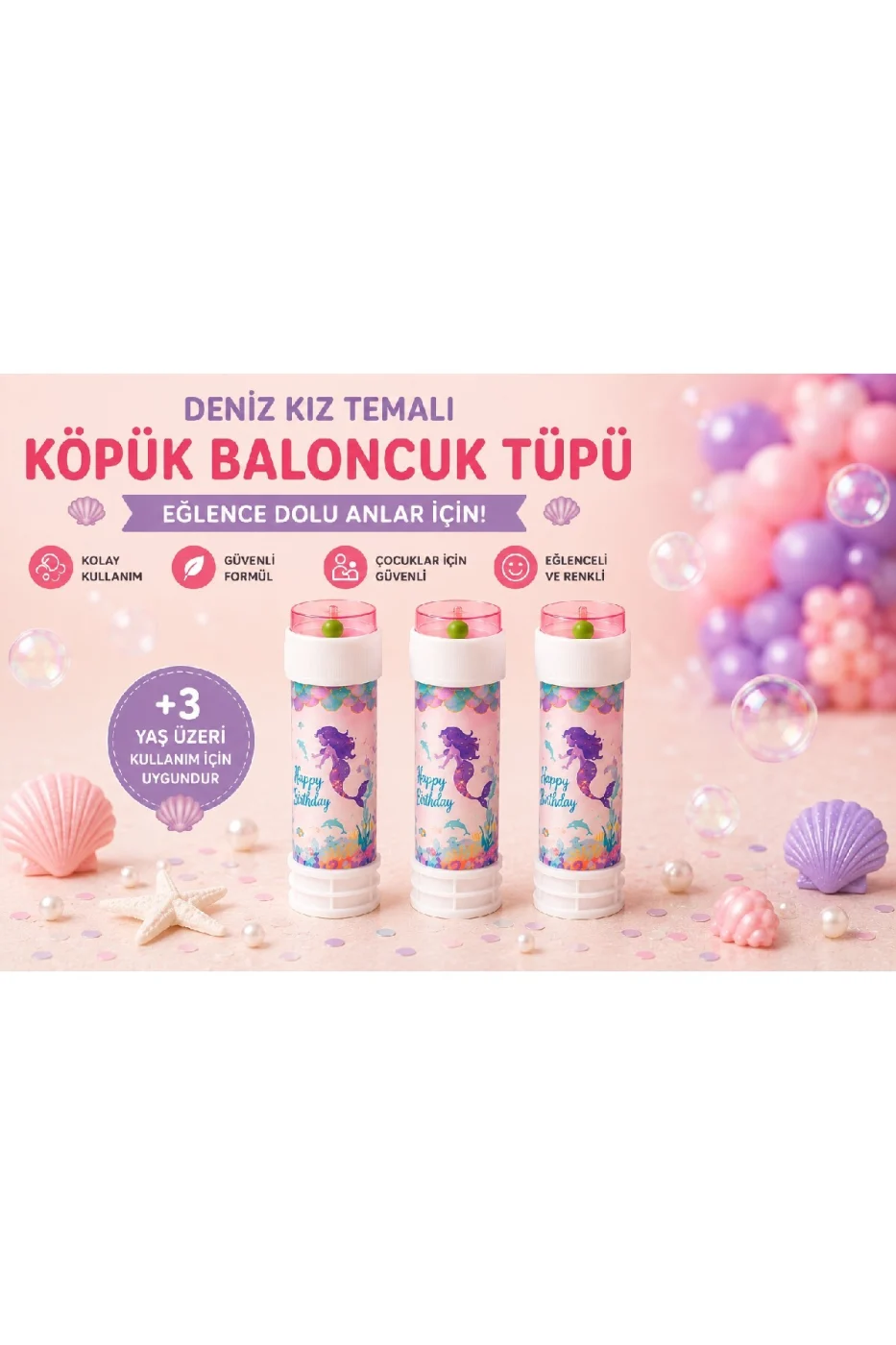 Deniz Kızı Temalı Köpük Baloncuk Tüpü 3'lü / 5'li / 10'lu Set Doğum Günü Parti Hediyeliği Bubble Oyuncağı Çocuk Baloncuk Oyuncağı