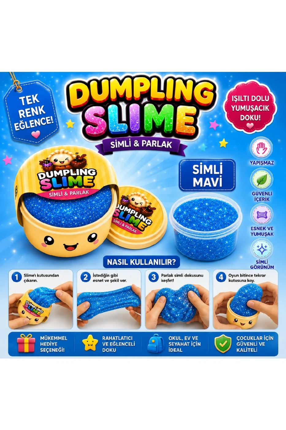 Çin mantısı Slime Simli Oyun Hamuru Tekli | Glitter Slime | Esnek Yumuşak Doku | Kapaklı Kutu | 6 Renk Seçeneği