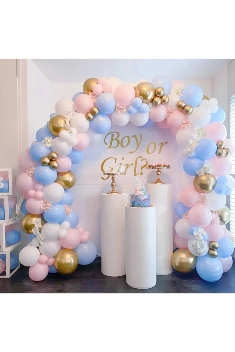 80 Balonlu Makaron Beyaz Pembe Mavi Altın Balon Kemer Kiti gorsel 3