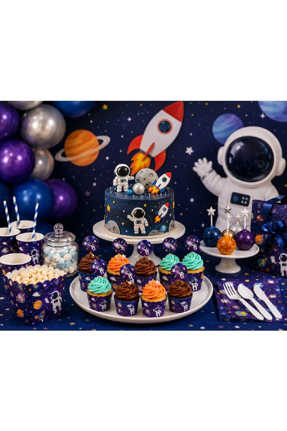 Uzay Temalı Cupcake Kalıbı ve Kürdan Seti 16 Parça | 8 Cupcake Kalıbı + 8 Uzay Cupcake Süsü | Astronot Roket Doğum Günü Parti Süsleri gorsel 5