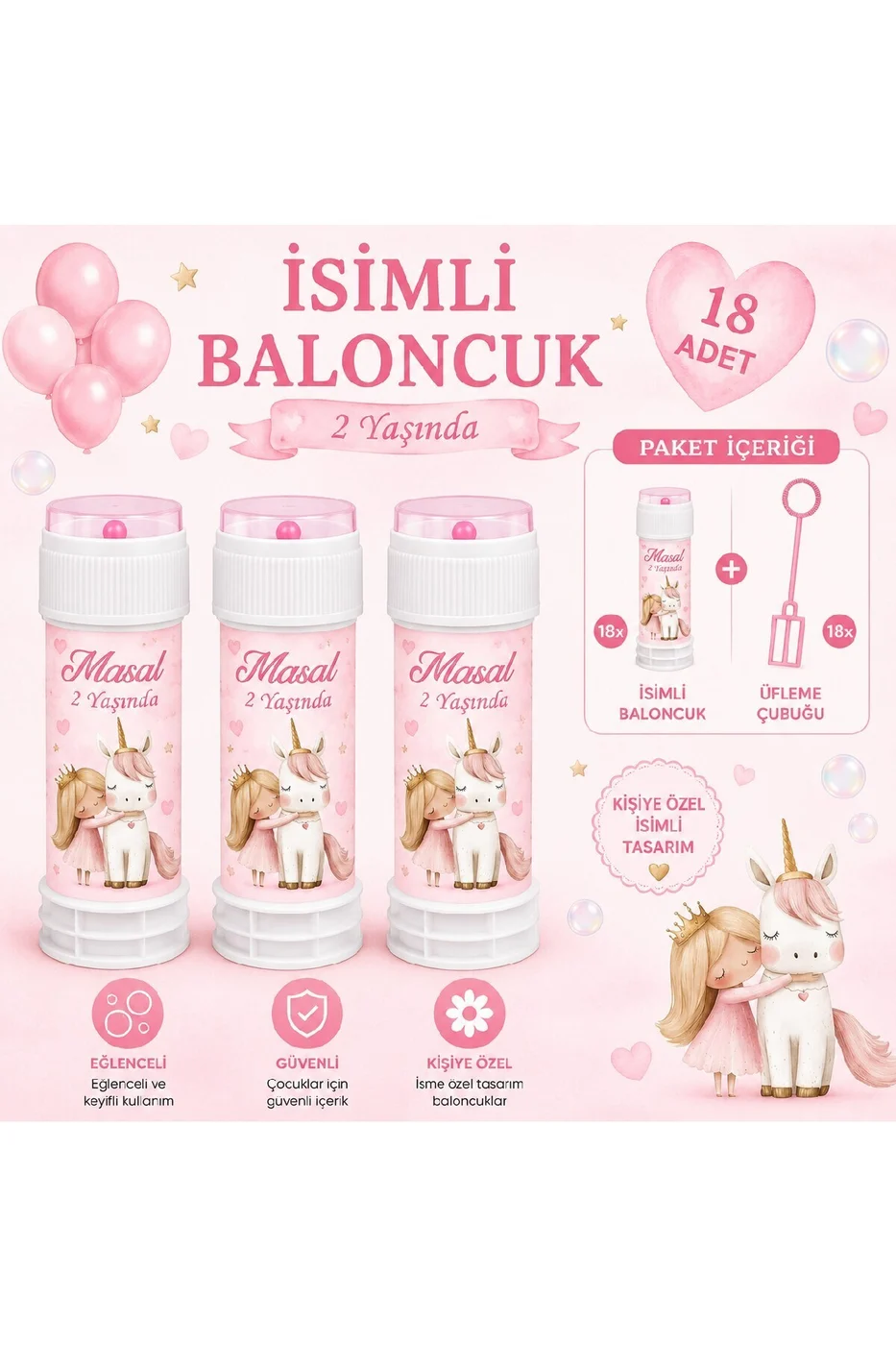 Kişiye Özel İsimli Köpük Baloncuk 18 Adet Prenses ve Unicorn Temalı Doğum Günü Parti Hediyeliği Kız Konsept gorsel 4