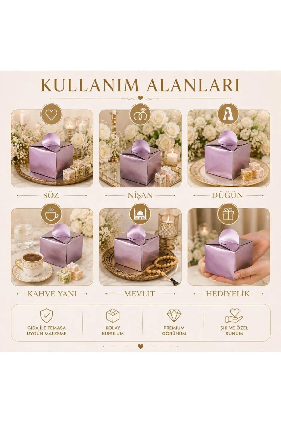 25 Adet Gold Gümüş Lokumluk Kutusu | Söz Nişan Düğün Mevlit Hediyelik Karton Lokum Kutusu | Premium Gold Gümüş gorsel 8